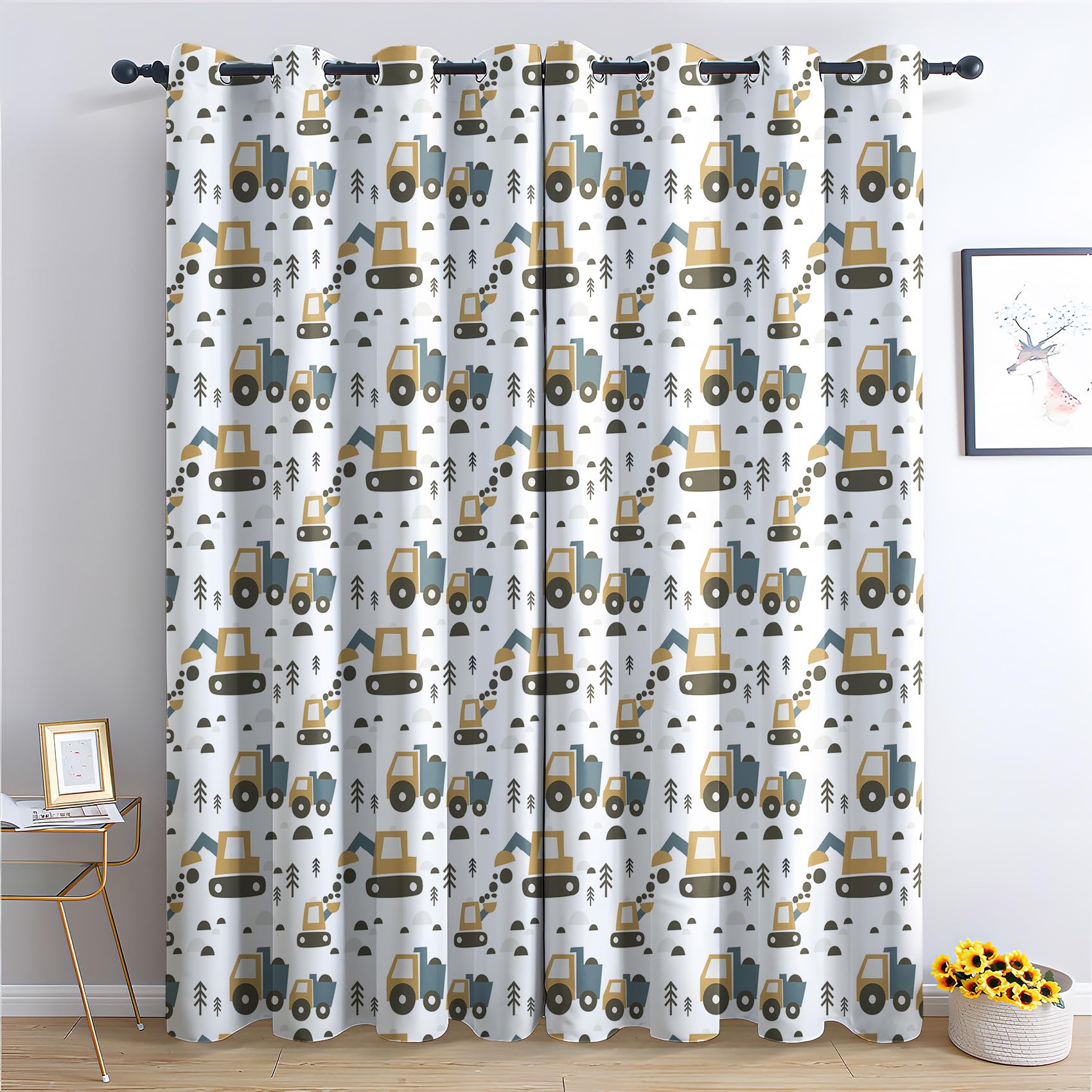Bagger Kinder Vorhänge, Verdunklungsvorhänge mit Muster Baufahrzeuge Cartoon, Vorhang Blickdicht mit Ösen, Gardinen für Wohnzimmer Schlafzimmer Kinderzimmer Deko 2er Set - 220x140 (H X B) (GN-&238)