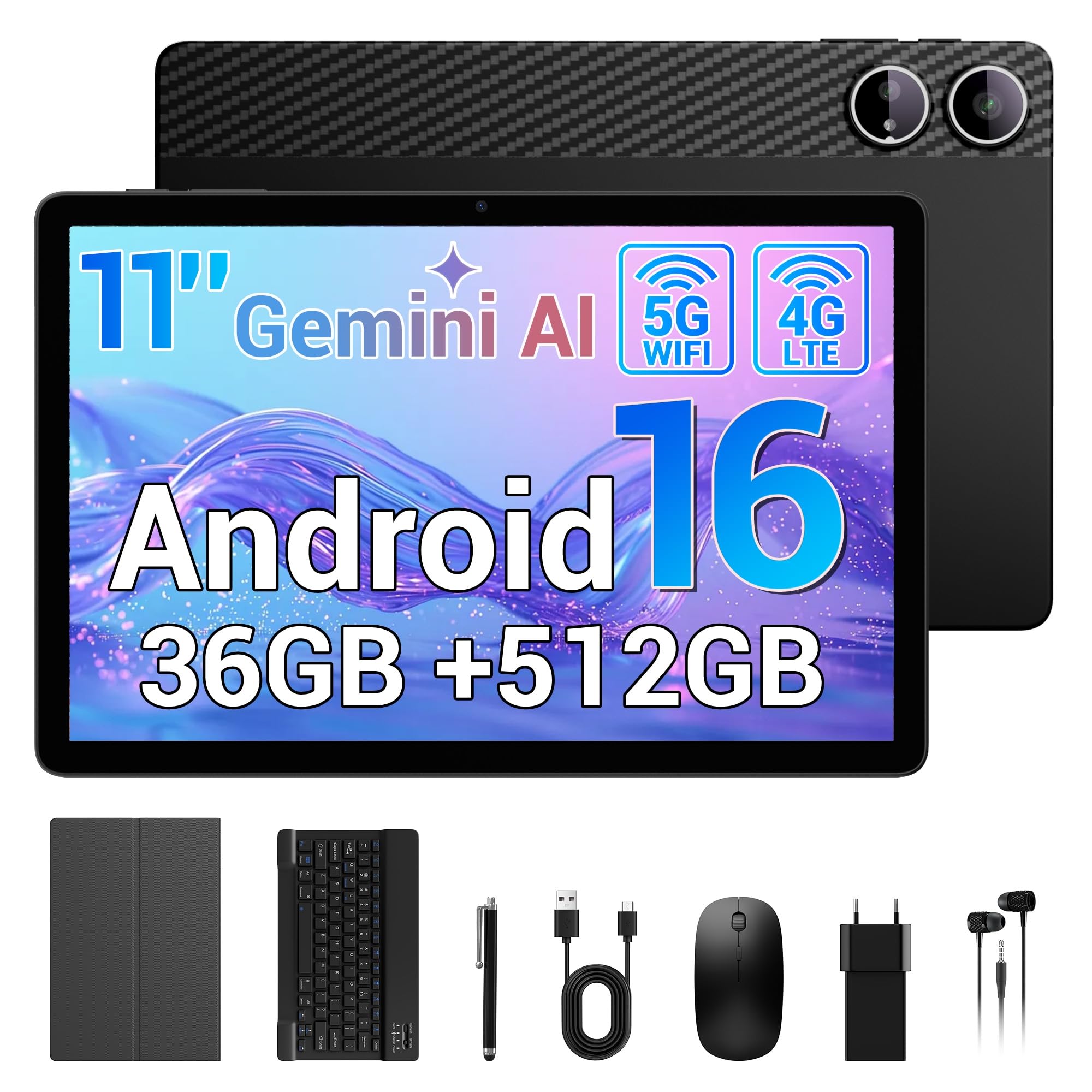 Android 16 Tablet 11 Zoll, 36GB RAM 512GB ROM/1TB TF, Dual SIM 4G LTE Tablet mit Tastatur, 90Hz HD IPS Display, Octa Core, Widevine L1,WLAN, GPS, Tablets mit Hülle/Kopfhörer/Touch-Stift/Maus