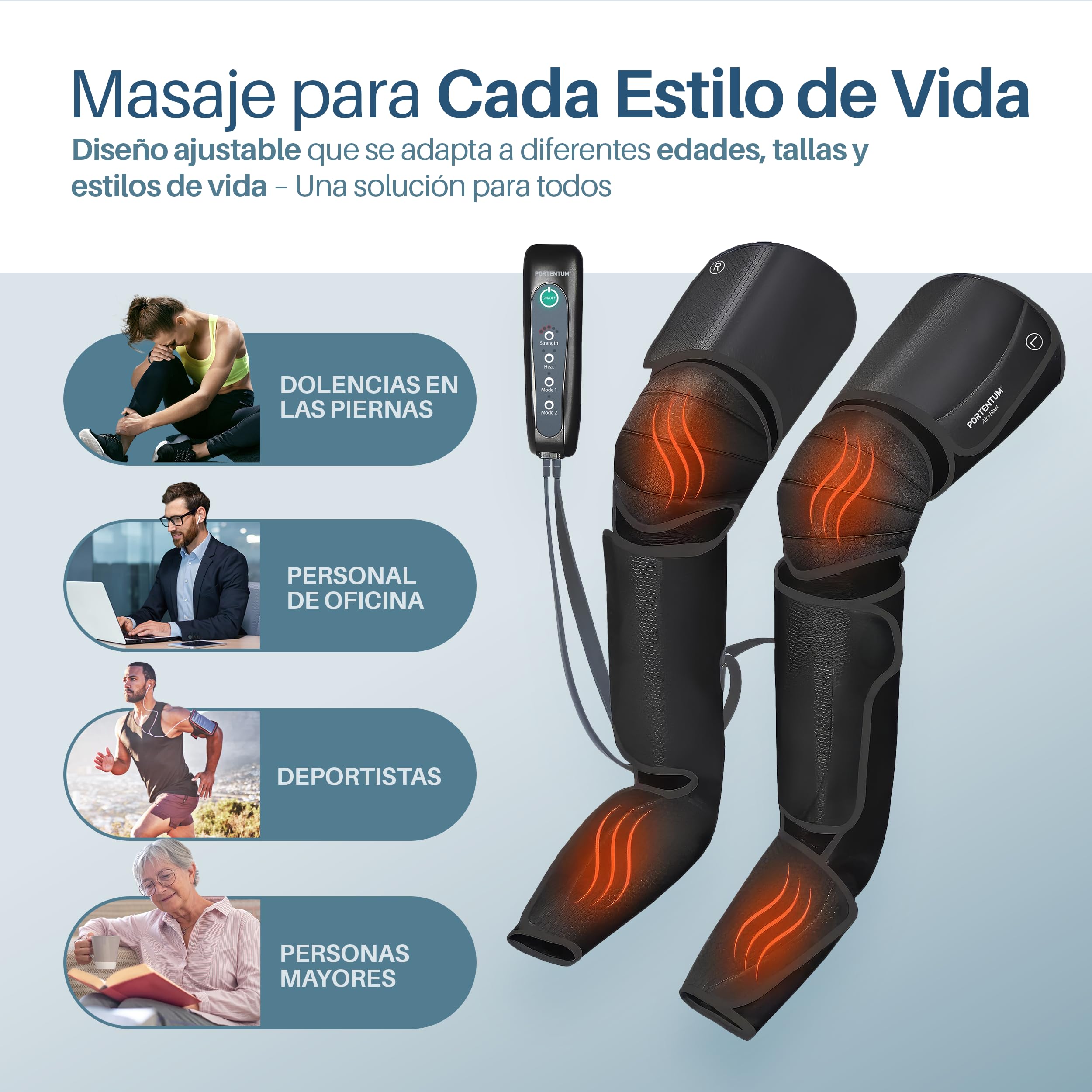 PORTENTUM Botas de presoterapia para casa con calor regulable – Masajeador piernas con 5 niveles de compresión de aire – Mando – Alivia piernas cansadas y mejora la circulación – Bolsa transporte