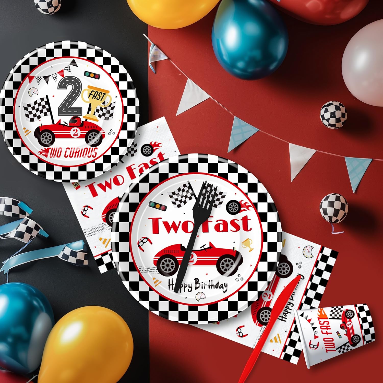 Race Car 2nd Birthday Party Decorations Tableware Kids, Red Two Curious Two Fast Birthday Decorations Party Supplies, Paper Plate, Cup, Napkin, Fork, Serves 24 image 6 of 7 B0D4PM4RBK