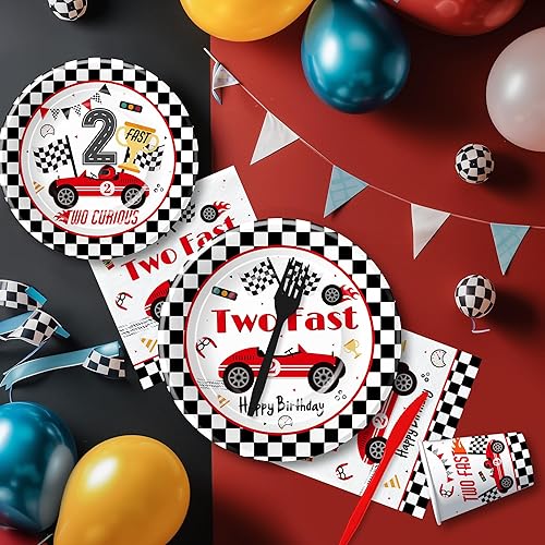 Vista 7 de Dos decoraciones rápidas de cumpleaños, suministros de fiesta de auto de carreras rojo, dos platos de papel curiosos, taza, servilleta, mantel