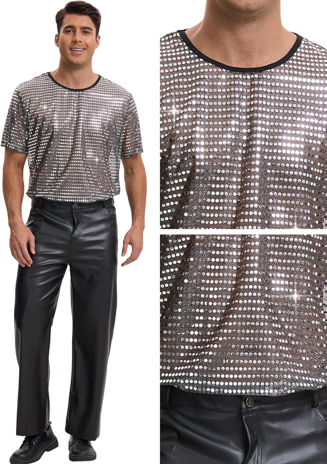 Lars Amadeus Metallic Sheer T Shirt for Men's Shiny Short Sleeve Club Party Glitter Sequin T-Shirt - Image 4