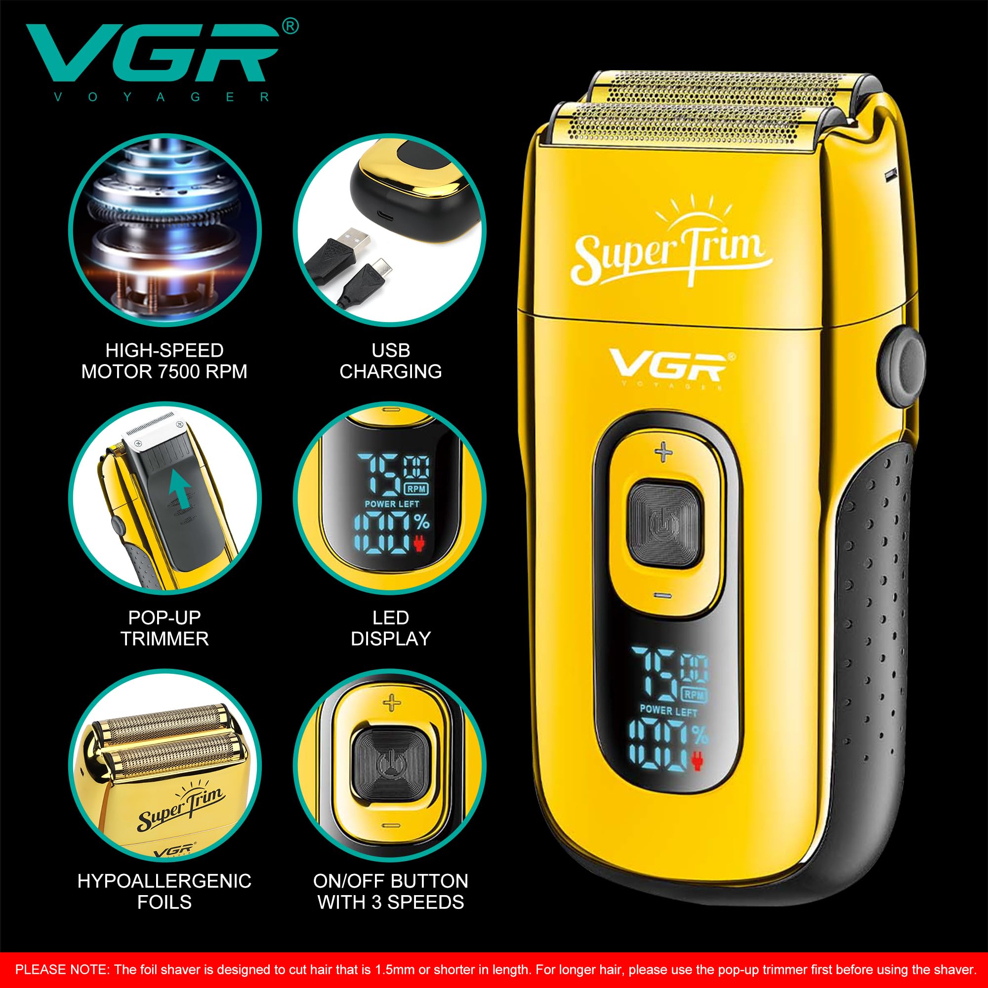 VGR Herren-Elektrorasierer, 7500 U/min 150 Minuten USB aufladbar für Gesicht Bart Hals Glatze und Skin Fade 150 Minuten USB aufladbar