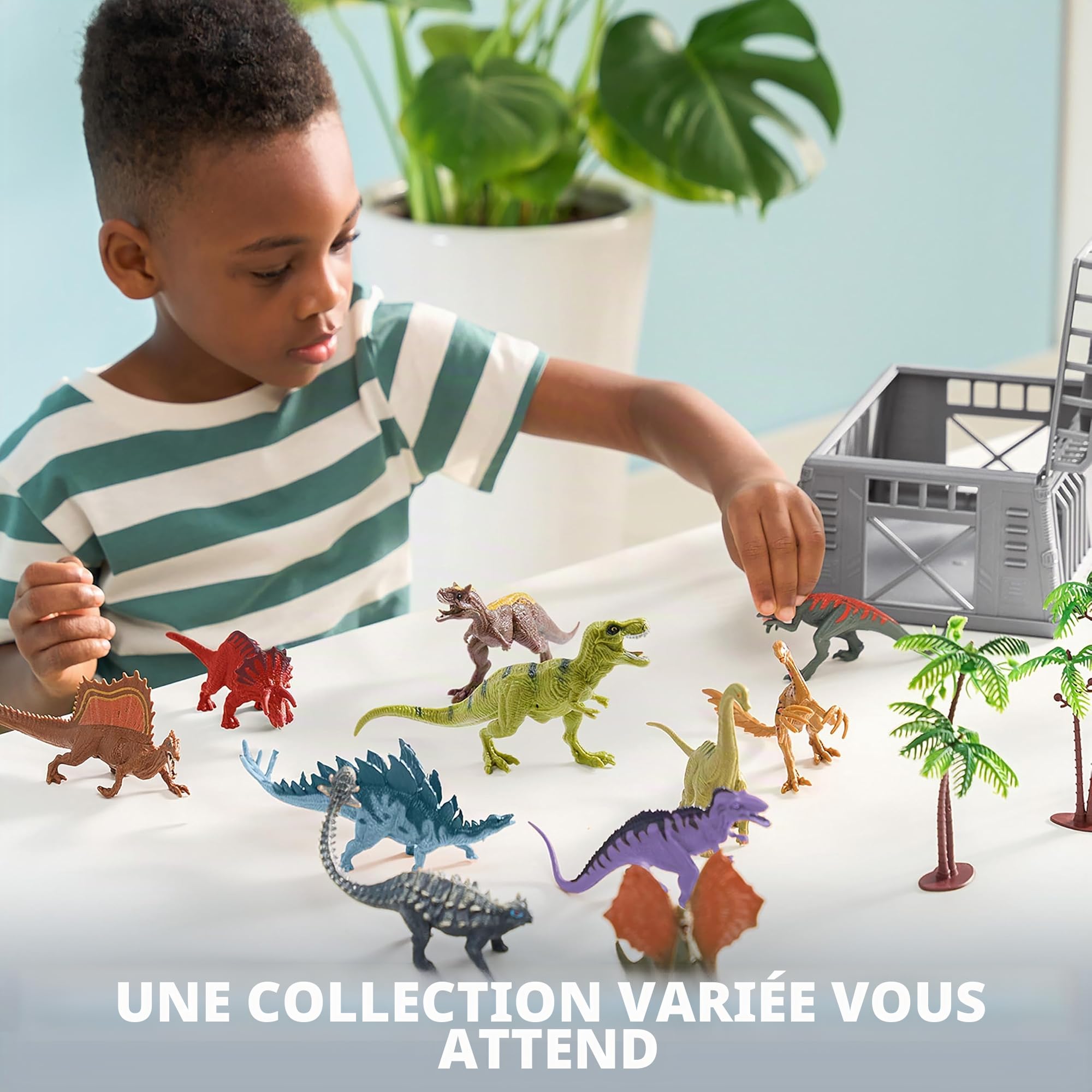 JOYIN 3-6 Ans garçon Dinosaure Jouet pour Enfants avec Tapis de Jeu et Cage de Rangement, 19pcs Réalistes Personnages et Arbres