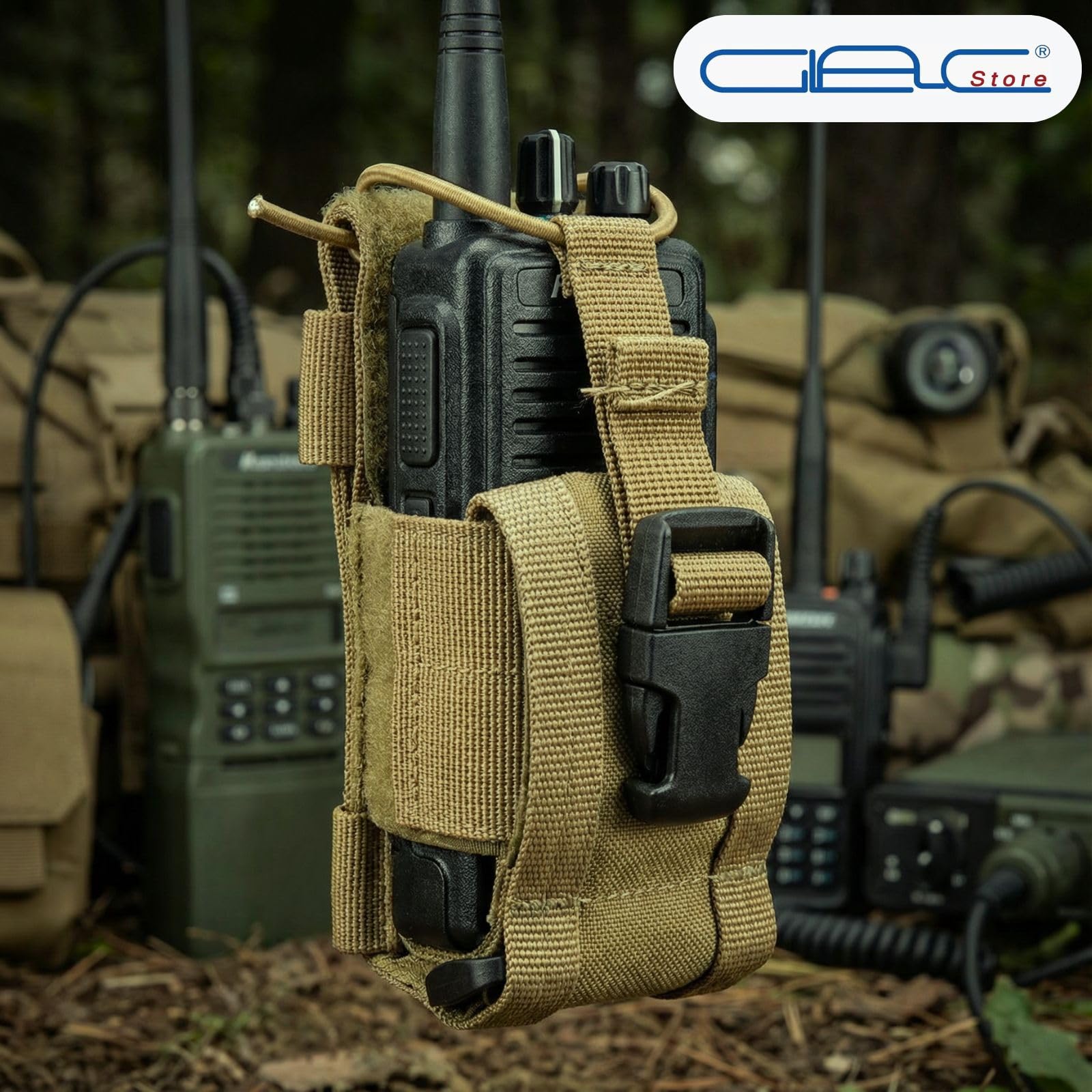 Tasca porta radio tattica MOLLE universale compatibile gilet zaini cinture 4 colori Tan