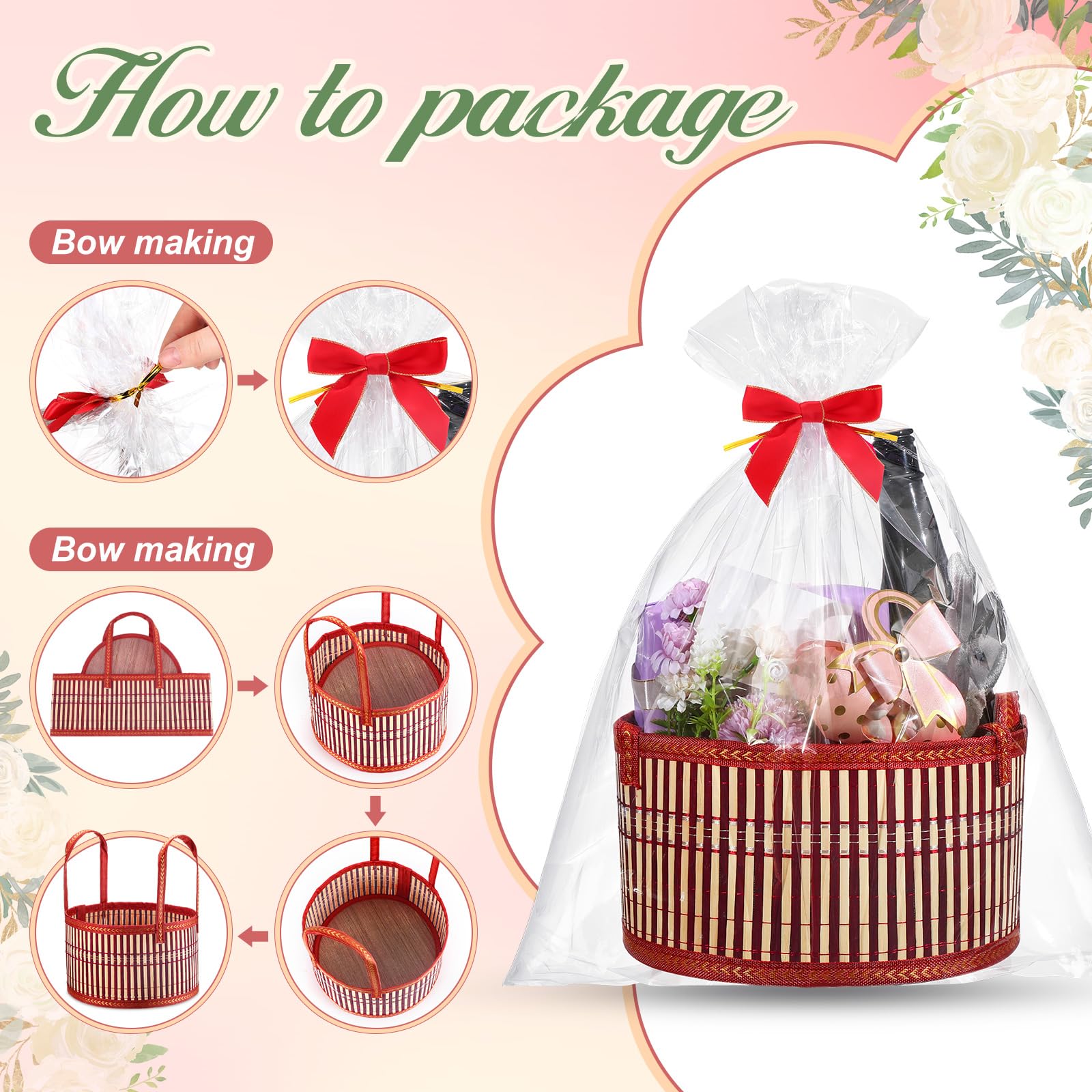 Weysat Geschenkkörbe für Geschenke, leer, stabil, groß, gewebter Bambus-Geschenkkorb-Set mit Griff, Wickeltasche, Schleife, Karte zum Befüllen für Weihnachten, Einweihungsparty, Babyparty, Geburtstag