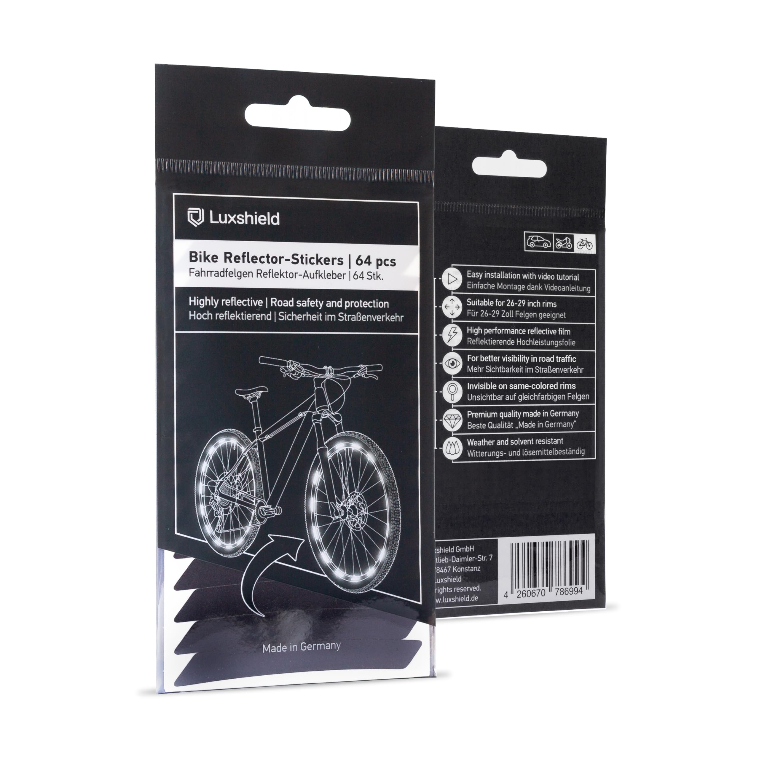 Luxshield Bicycle Reflector Stickers - Set di 64 per Cerchi per Biciclette da 26/27,5/28 & 29 Pollici - Complementare a Cat's Eye - Adesivi per Cerchi per Biciclette