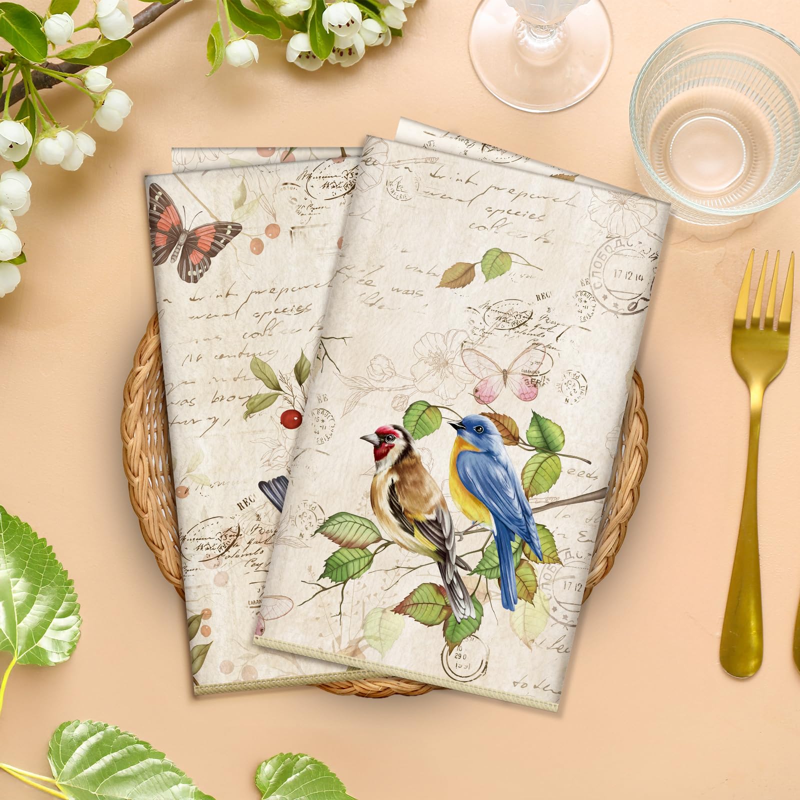 Arquiel Bird Branch Microfiber Kitchen Towel 2Pcs, 40 × 60 cm Soft Absorbent Tea Towels - Image 2