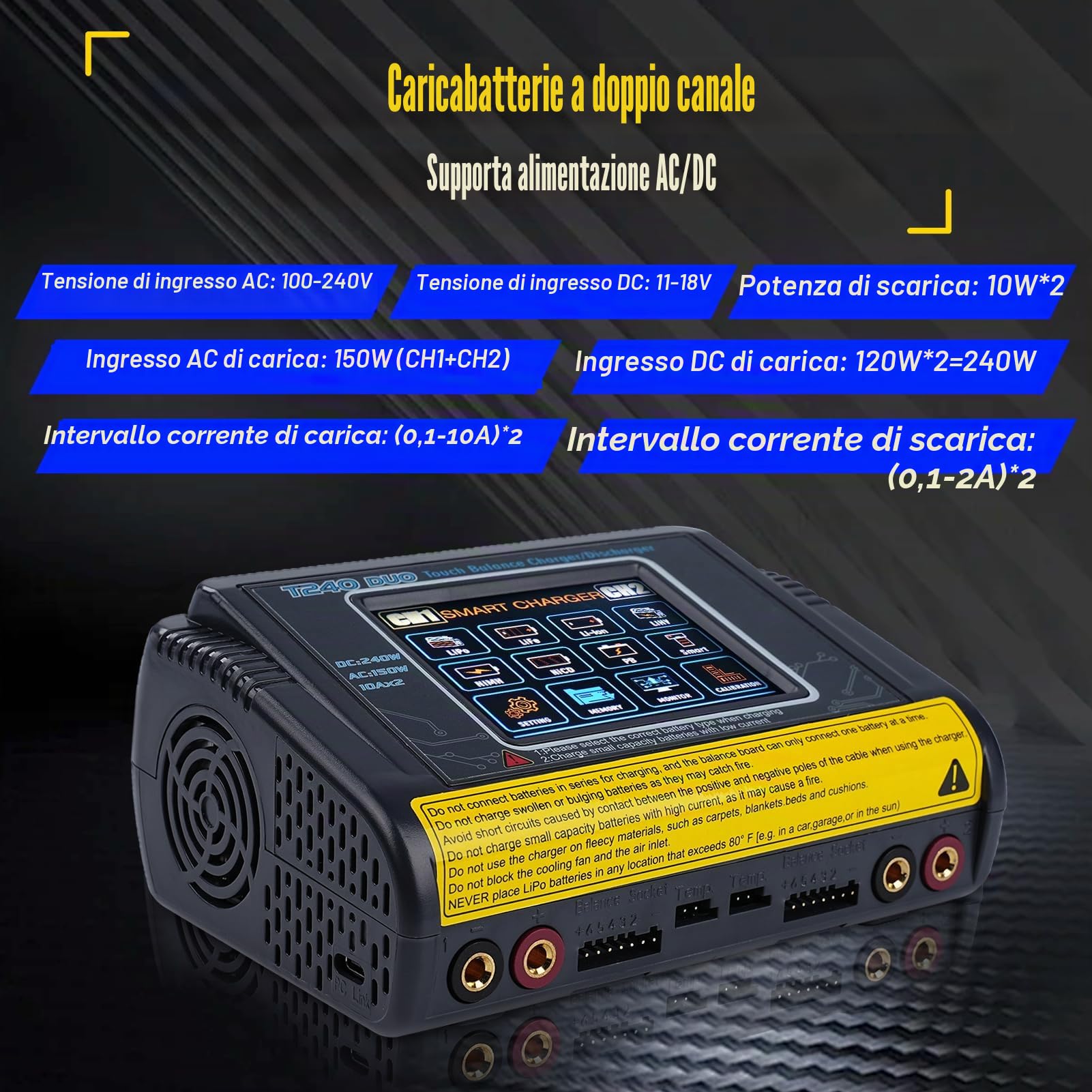 BuyWeek T240 DUO RC Caricabatterie Bilanciamento AC150W/DC240W 10A carica batteria per auto 3,2 pollici touch screen caricabatterie litio alta precisione per LiPo/Lilon/LiFe/NiMH/NiCd/PB/NiMH
