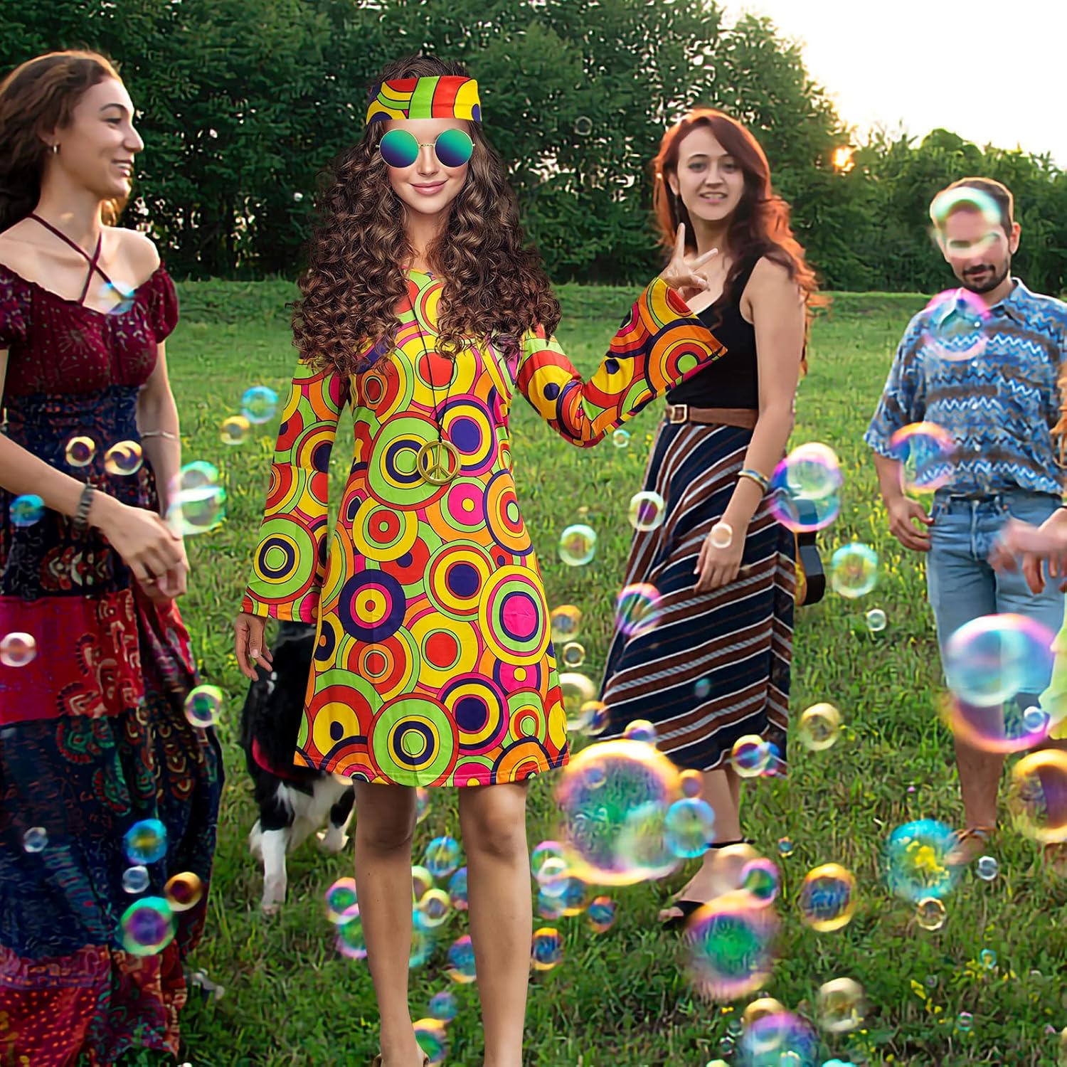 70s Hippie Dress Costumes Necklace Earrings Sunglass Women Disco Outfit, 60s Party Costume, Halloween Retro Dresses - Image 5