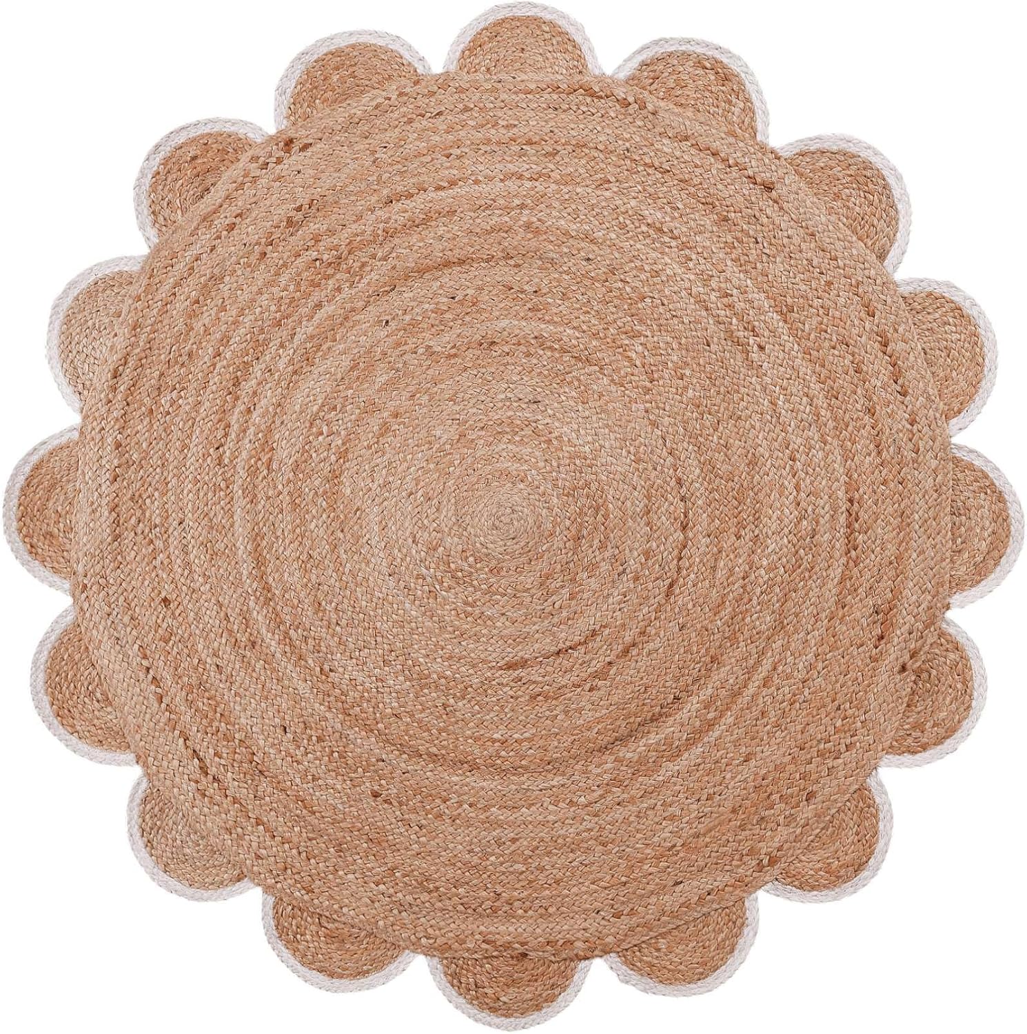 RUGSWEAVE Jute Braided Area Rug - 8'x8' Round Vintage Farmhouse Rug, Handmade Circle Boho Area Rug for Living Room, Bedroom, Natural x White Trim