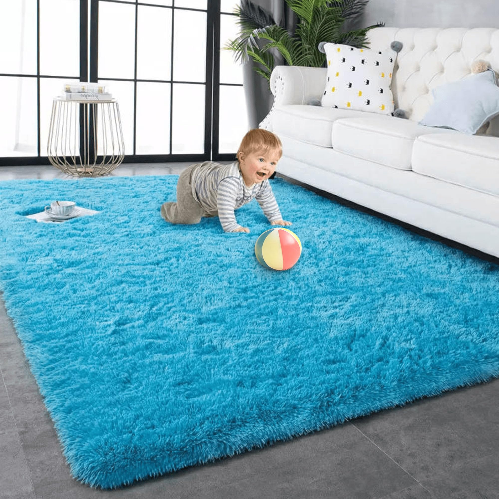 Tapis de salon shaggy bleu anti-glisse et doux pour grand espace de vie