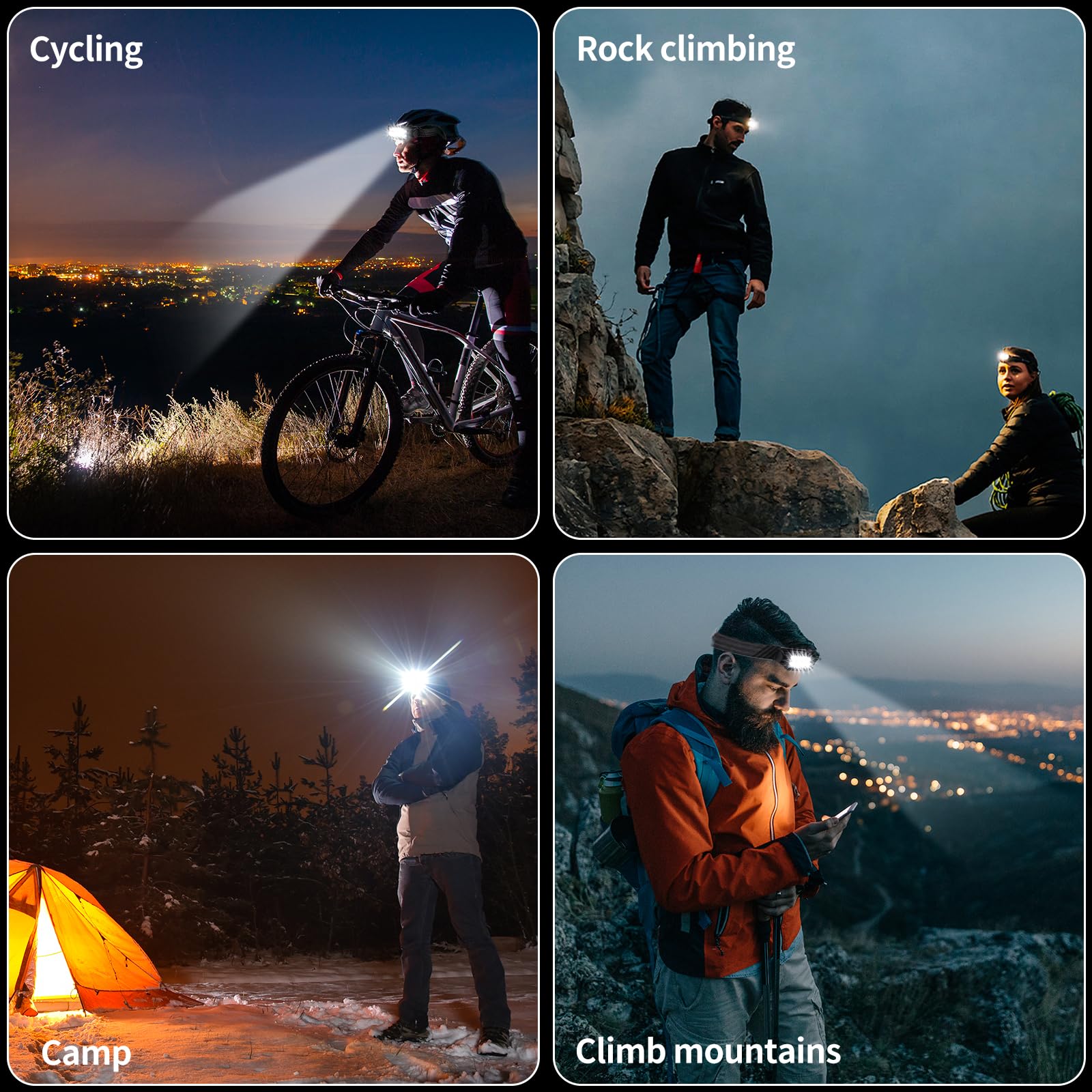 Set di 2 lampade frontali LED ricaricabili - Super luminose - 2500 lumen - 5 modalità di illuminazione - Leggere - IPX6 - Impermeabili - Sensore di luce - Per esterni, campeggio, corsa, pesca, le