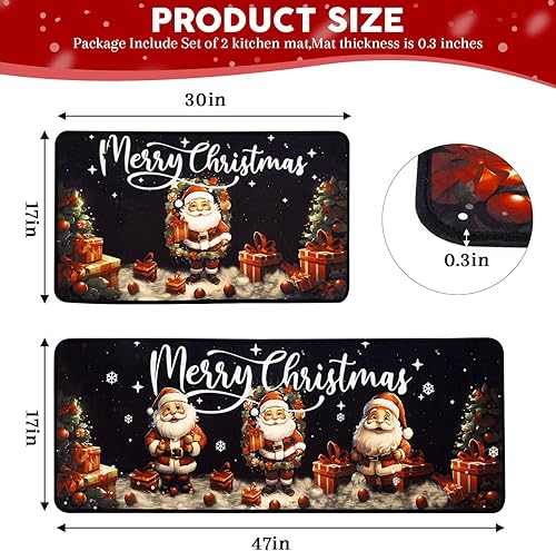 Miniatura 2 de Voanos Juego de 2 alfombras de cocina con texto en inglés Merry Christmas, bonito Papá Noel y regalo de Navidad, tapete antideslizante lavable para