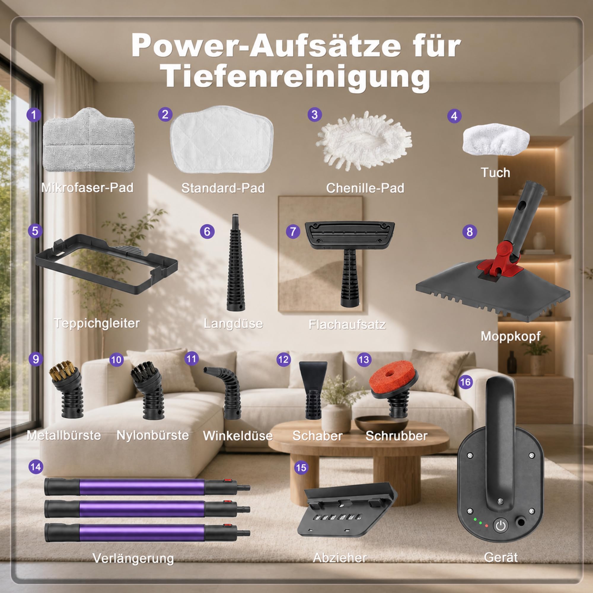 2-in-1 Dampfreiniger,1500W Handgerät,15s Aufheizung | 15s Aufheizung, 8+4 Zubehörteile,5m Kabel & Drehkopf,Leicht & kompakt, Ideal für Wohnungsübergabe & Küchenreinigung