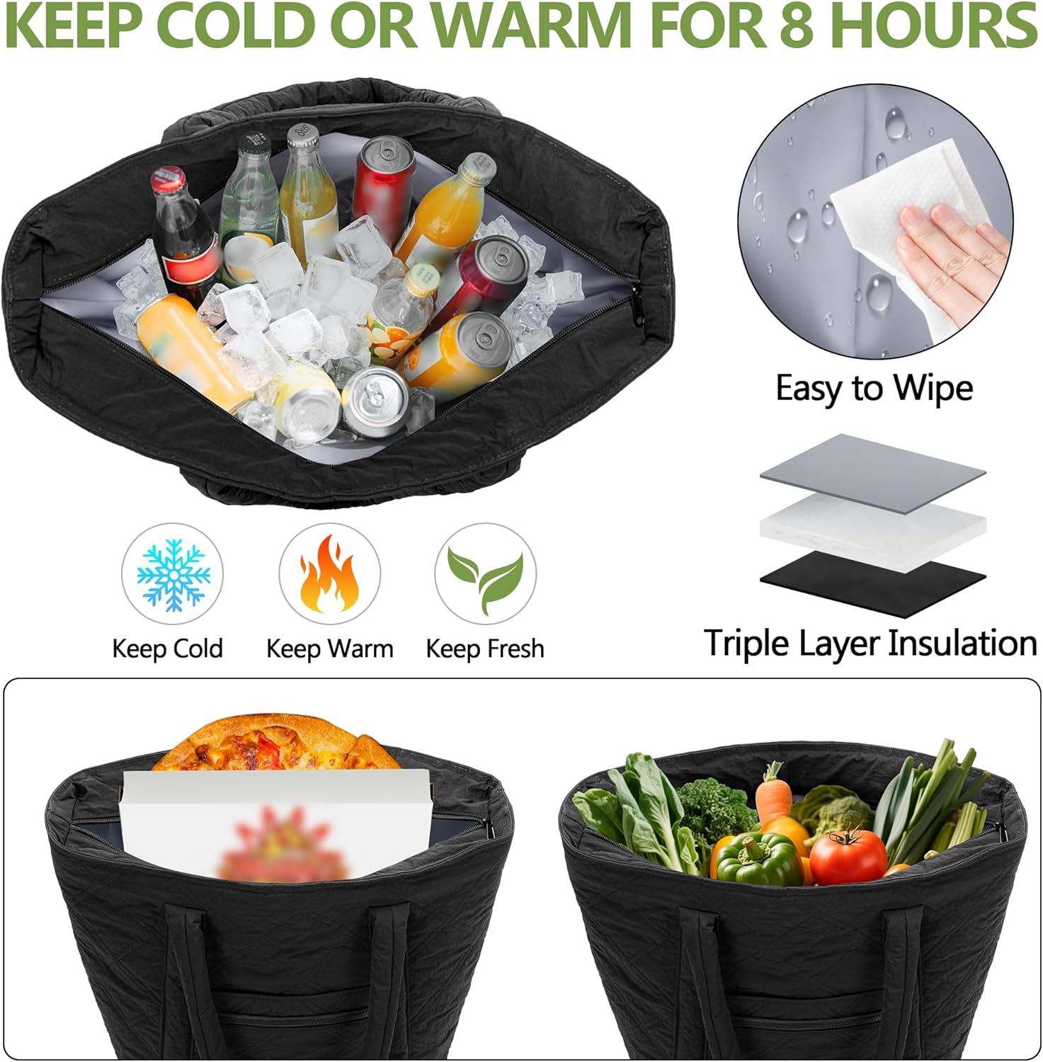 Fasrom Insulated Cooler Tote Bag Holds 30 Cans, Large Leakproof Grocery Bag with Zippered Top, Soft Sided Shopping Bag for Groceries, Food, Drinks, Suitable for Beach, Picnic and Outdoor Use, Black - Image 5