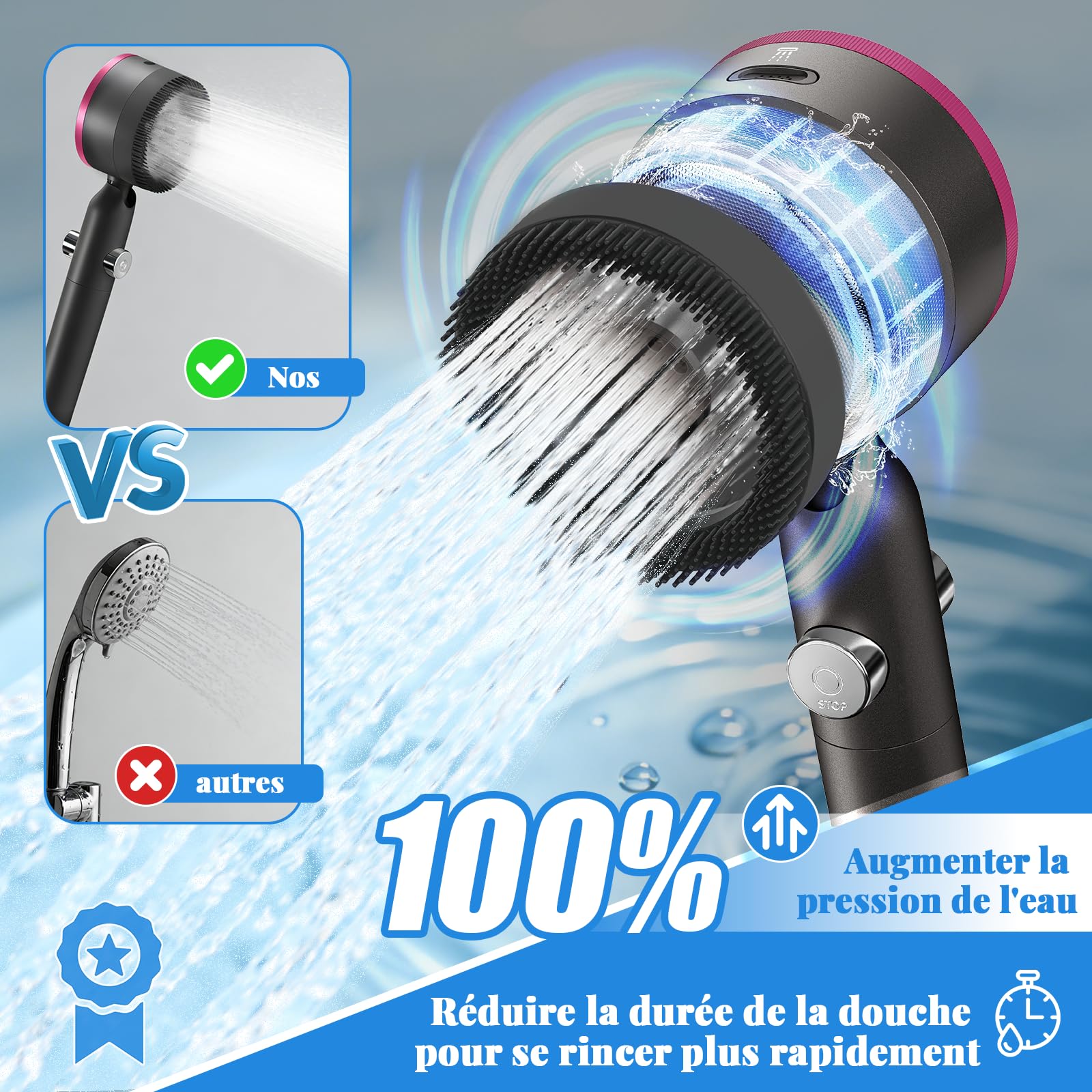 Pommeau de Douche Haute Pression Anti Calcaire,Pommeau de Douche Filtrant Economie d’Eau avec Tuyau 1,5M et Support,4 Modes de Jets Poire de Douche avec Bouton Pause high pressure shower head