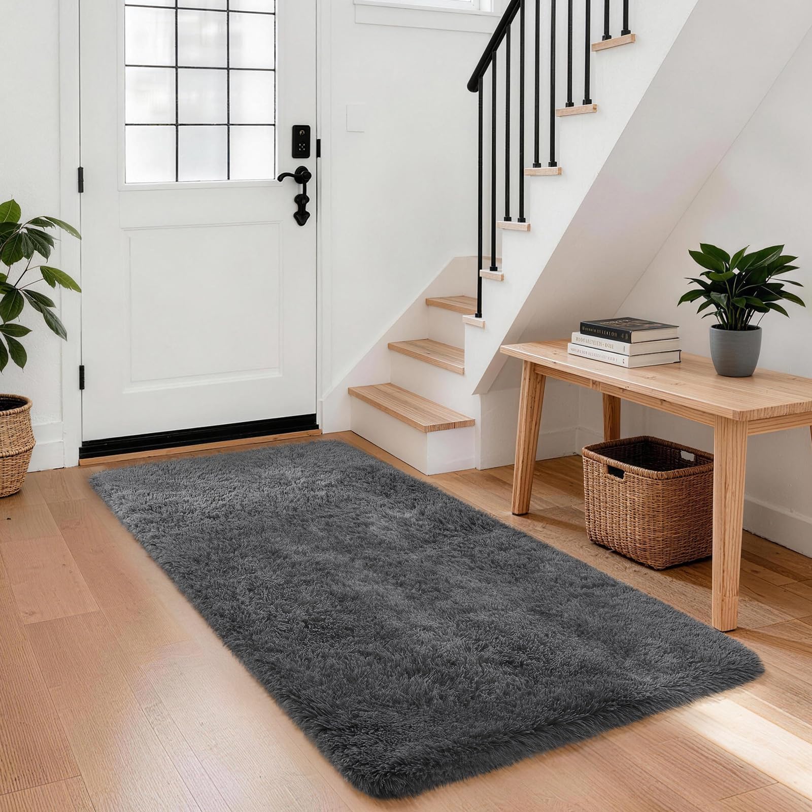 Ophanie Runner Rug for Hallway, 3x6 Washable Non-Slip Fluffy Soft Bedside Rugs, Bedroom Living Room Shaggy Carpet for Kids Girls Boys Dorm Nursery Decor Aesthetic, Grey with Over 99 pcs Pile fibers