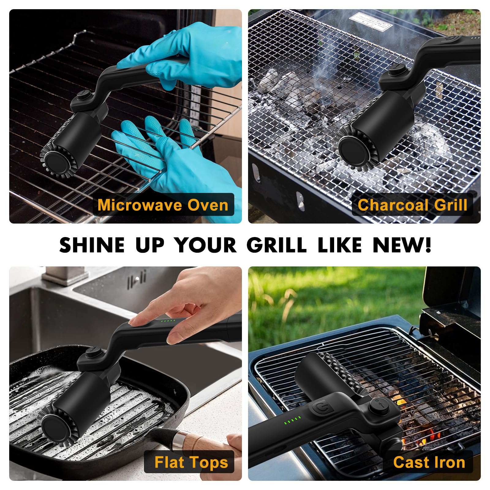 Cepillo eléctrico Mejorado para Parrilla：180° ángulo Ajustable Cepillo de Limpieza inalámbrico Recargable, Potencia de 3 velocidades, Cabezal de Cepillo de Acero Inoxidable