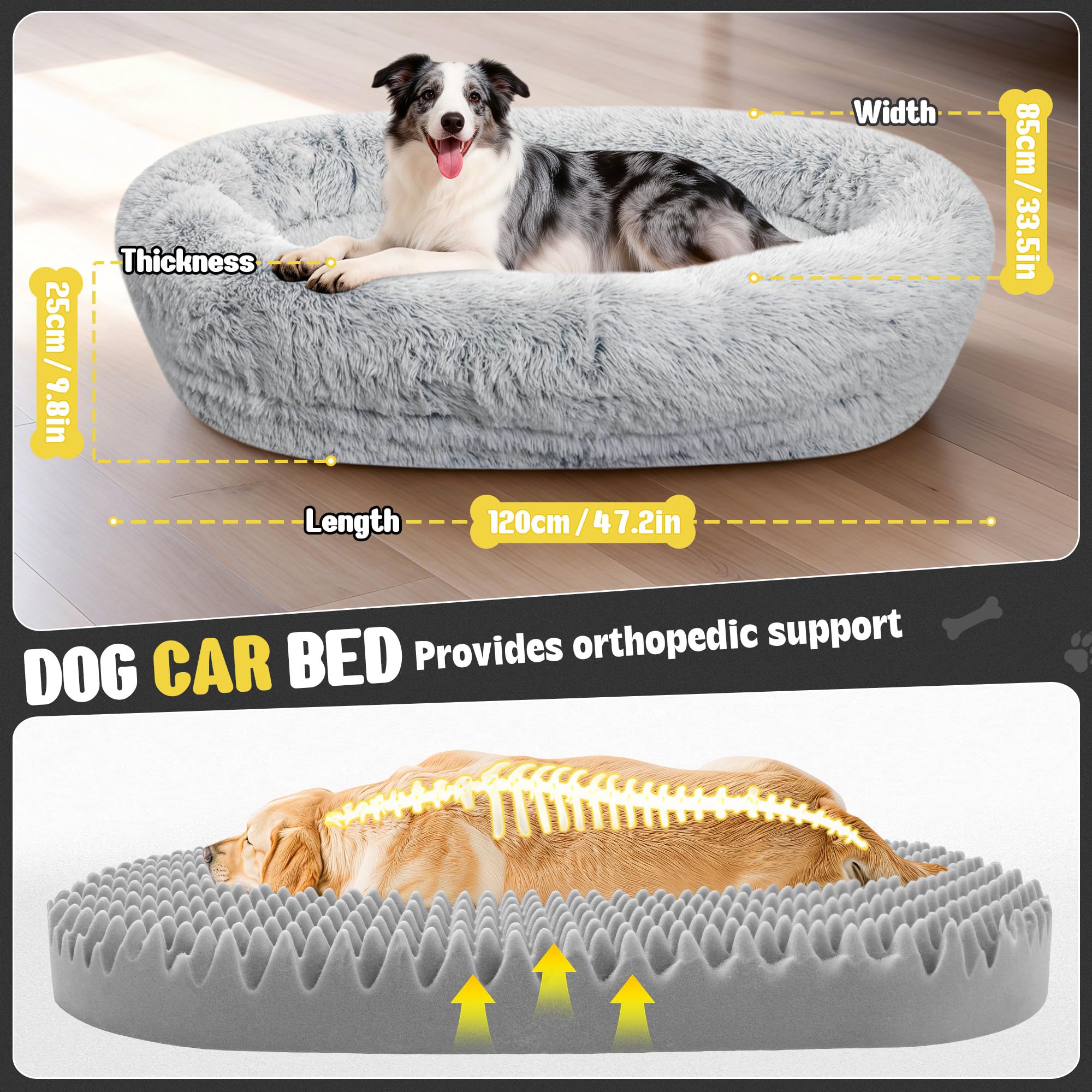 Loiion Premium Plush Orthopedic Car Dog Bed for Large Dogs, Dog Car Bed with Waterproof Liner & Non-Slip Base | Washable Faux Fur Travel Bed for SUV/Sedan Backseat (Light Grey, Medium) - image 7