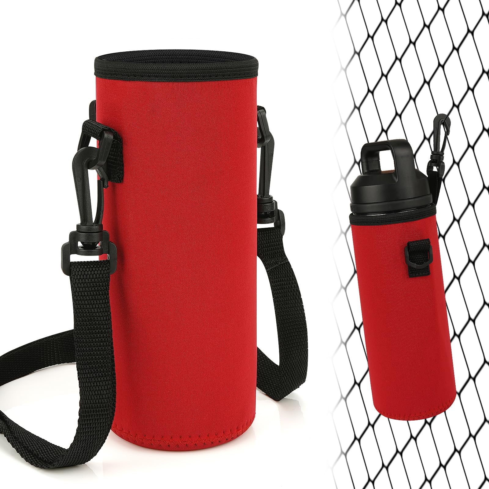 Linkidea Water Bottle Fence Sleeve with Hook Compatible with YETI Rambler Bottle 18oz, Hydro Flask Wide Mouth Bottle 18oz/20oz, Neoprene Bottle Shoulder Strap Bag for Outdoor Sports, Red