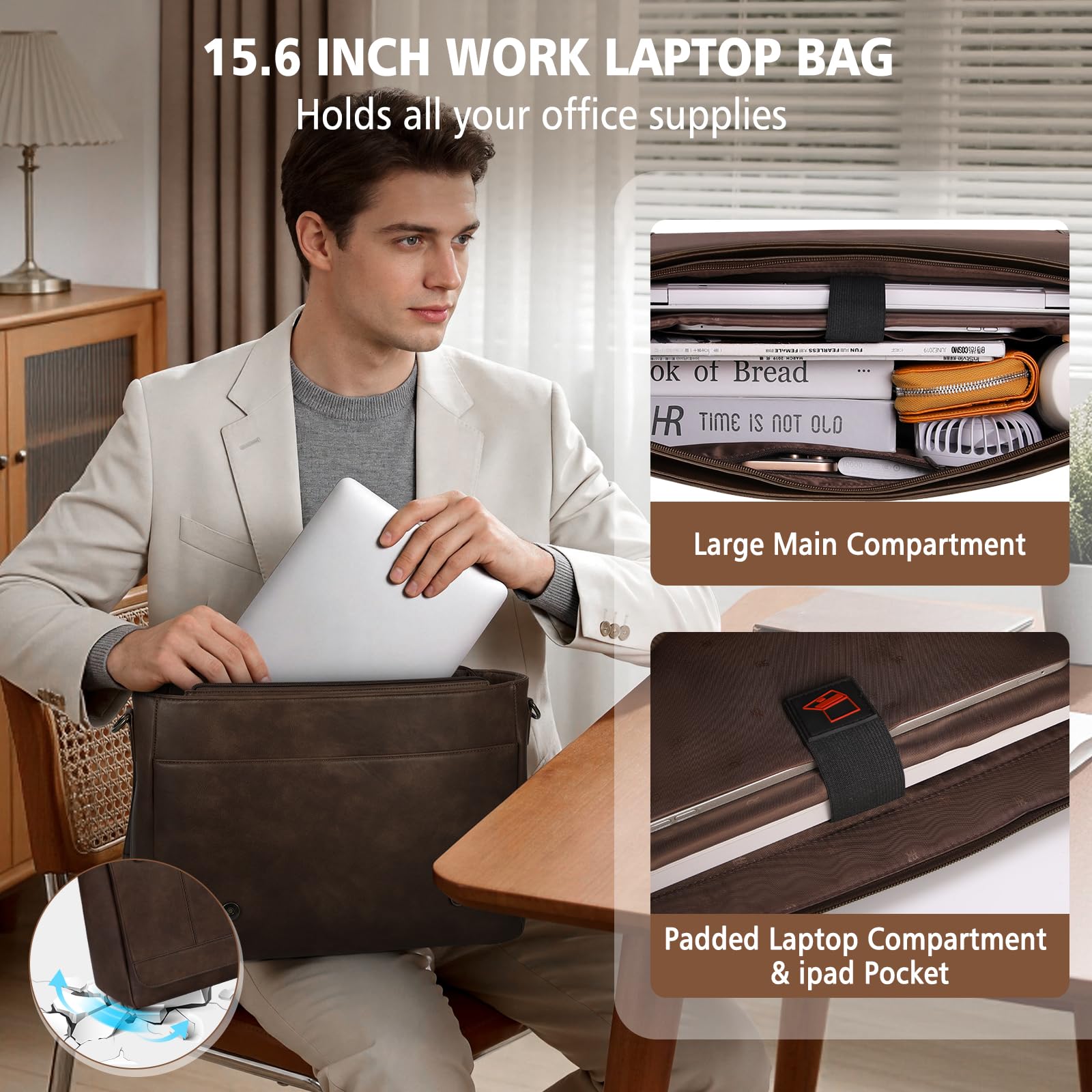 RAINSMORE Aktentasche Herren Leder Wasserdichte Umhängetasche Laptoptasche 15,6 Zoll Vintage Groß Arbeitstasche Messenger Bag Schultertasche für Arbeit Büro Uni Schule - 5
