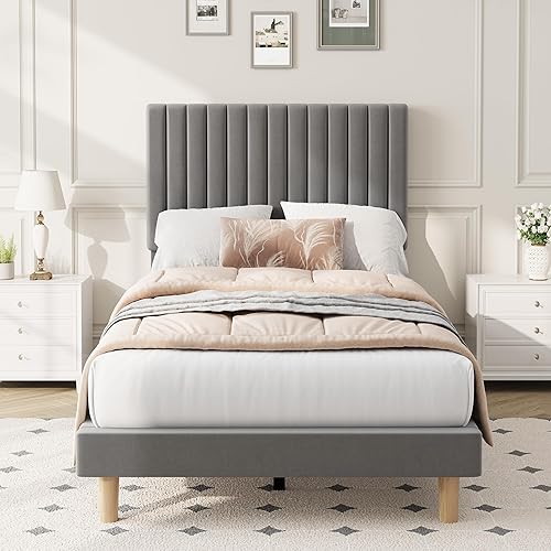 Miniatura 11 de IDEALHOUSE Base de cama de tamaño matrimonial con cabecera ajustable, plataforma tapizada de terciopelo, marco de cama matrimonial, canal vertical