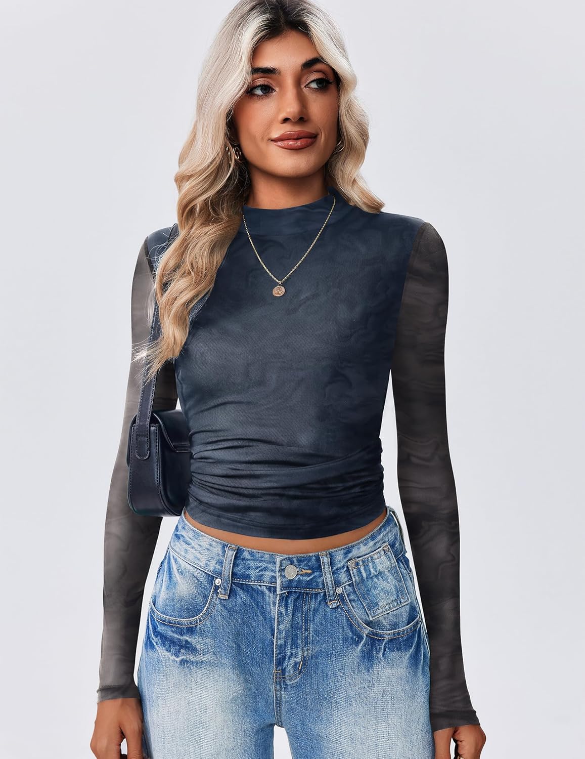 Zeagoo Womens Floral Mesh Long Sleeve Tops See Through Going Out Blouses Mock Neck Sheer Party Outfits Shirts S-XXL - Image 2