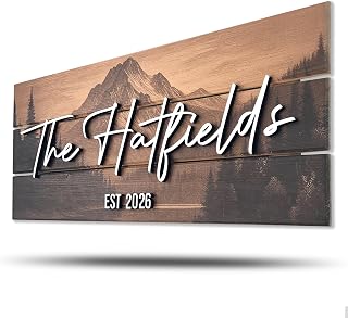 Personalized Mountain Family Name Sign - Rustic 3D Raised Wood Wall Decor, Custom Established Date for Weddings, Anniversaries, Housewarming Gifts (Medium)