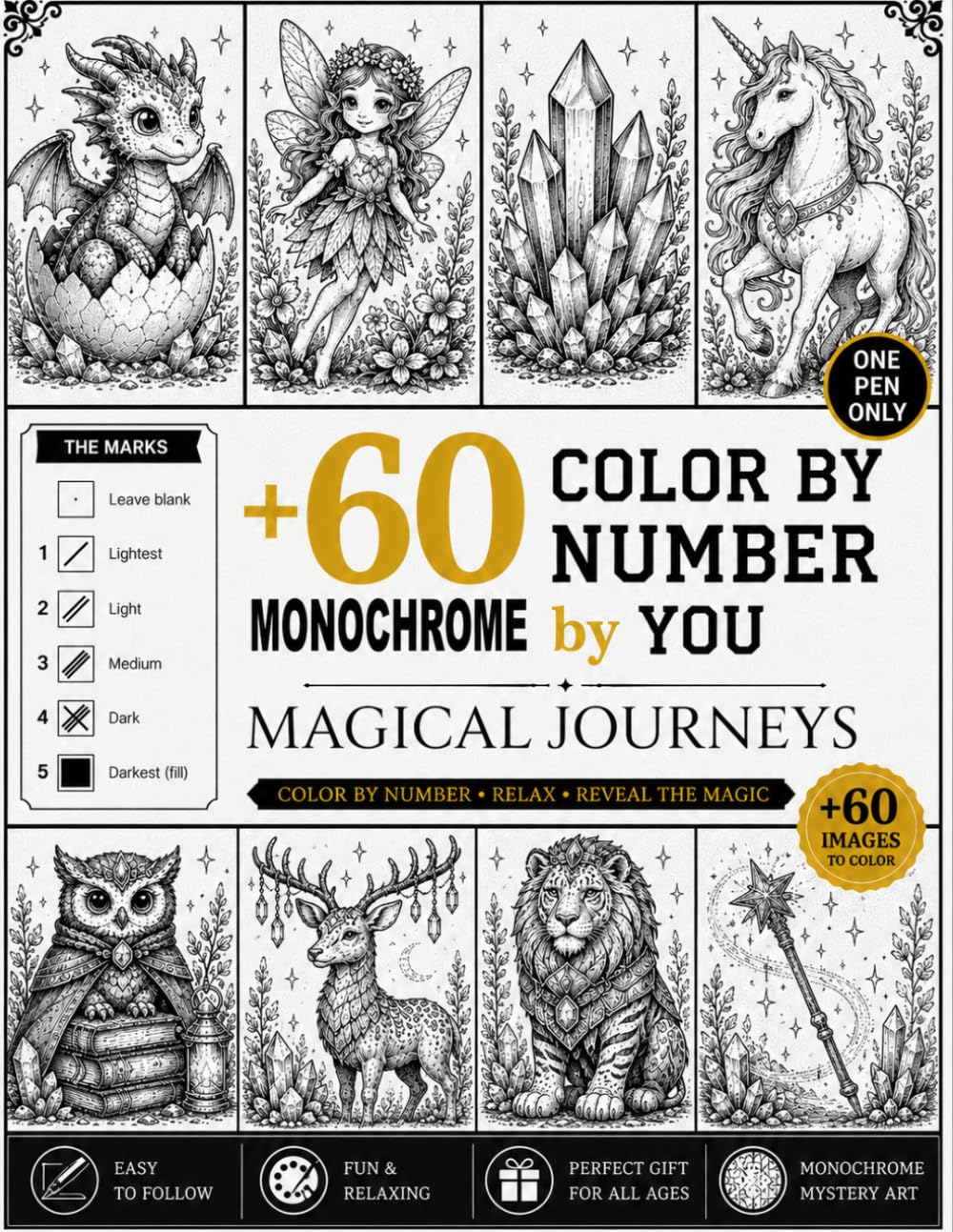 Magical Journeys: 60 Monochrome Color by Number Designs: One-Pen Monochrome Color by Number with Dragons, Fairies, Unicorns, Hidden Mystery Art, Stress Relief, Relaxation, and Creative Calm