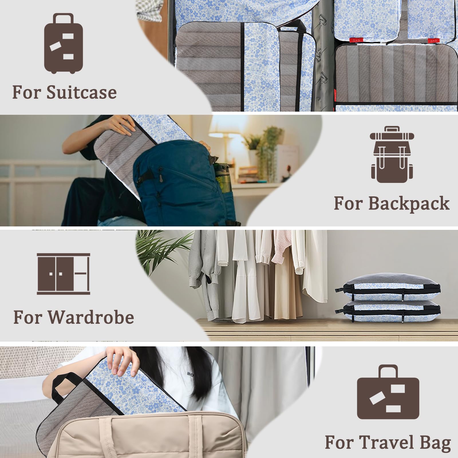 U+U Set di 10 cubi per imballaggio a compressione, organizer da viaggio (fiore blu) | Set da viaggio completo salvaspazio