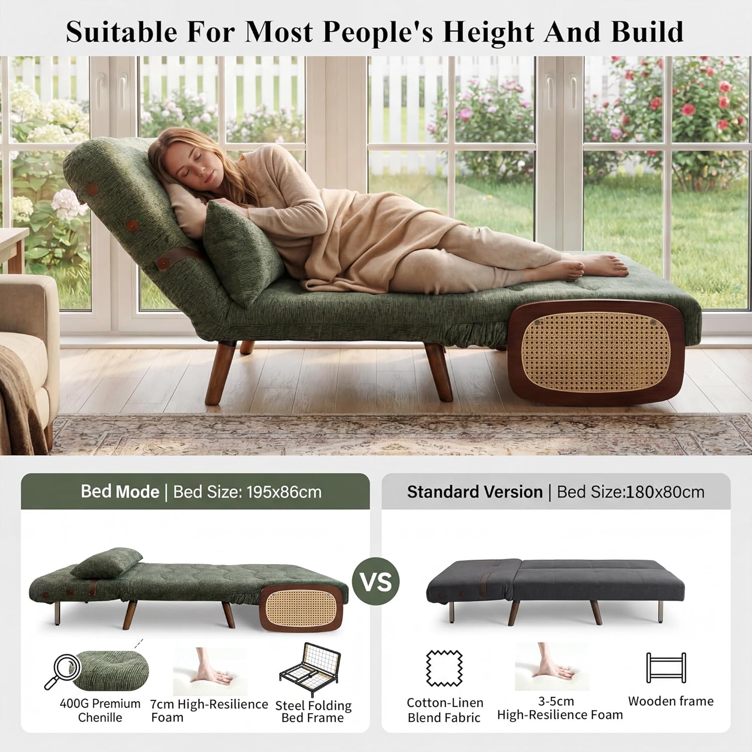 Large Folding Single Sofa Bed Couch, Chair Bed Sleeper for Adults, 400g Green Chenille Fabric, Suitable for Living Rooms, Bedrooms, Study Rooms, and Balcony Compact Spaces (35" W) | Adjustable Backrest, Metal bed frame, Adjustable Headrest, 400g Chenille Fabric, 77-inch length