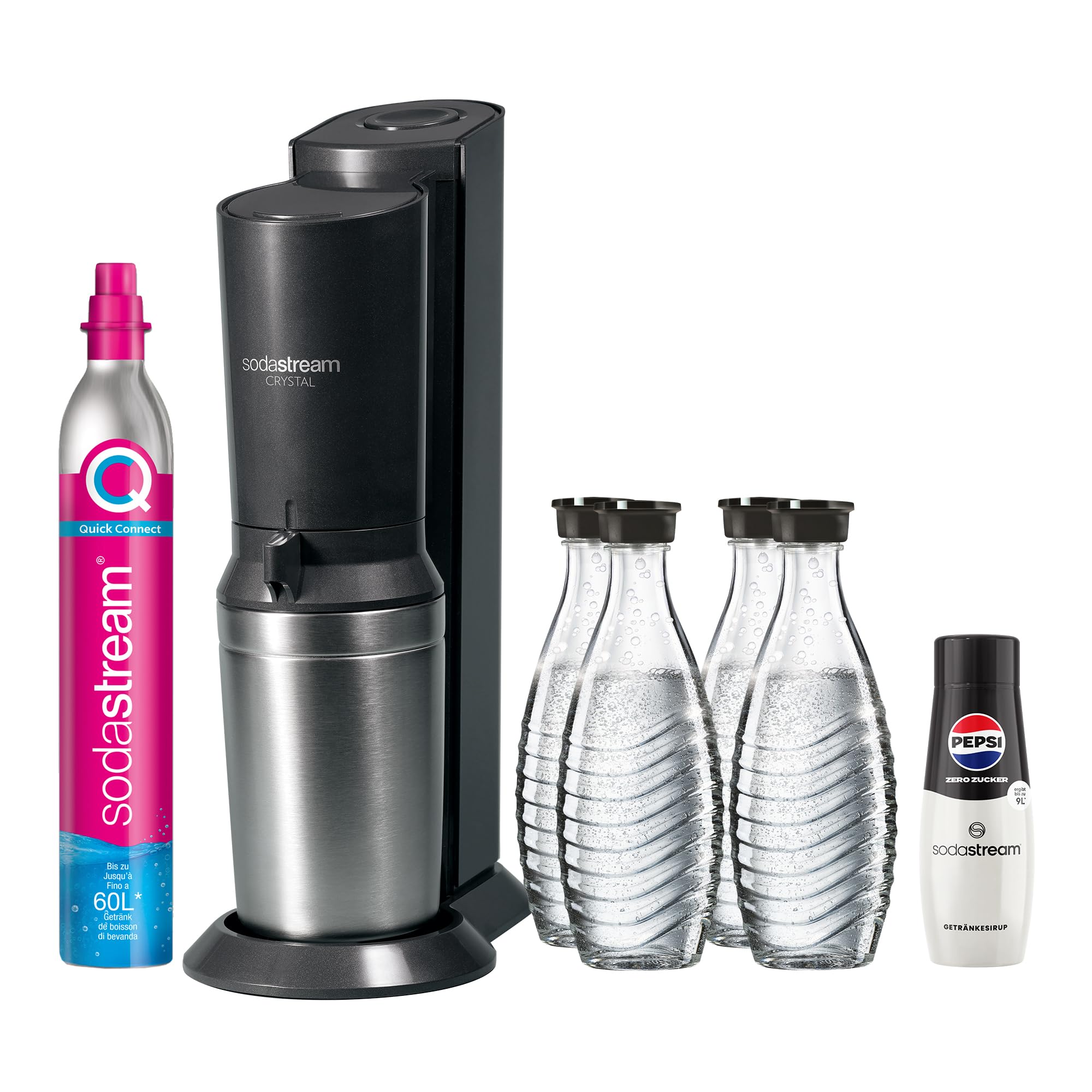 SodaStream CRYSTAL 3.0 inkl. 4x 0,7L Glaskaraffe + CO2-Zylinder + Pepsi