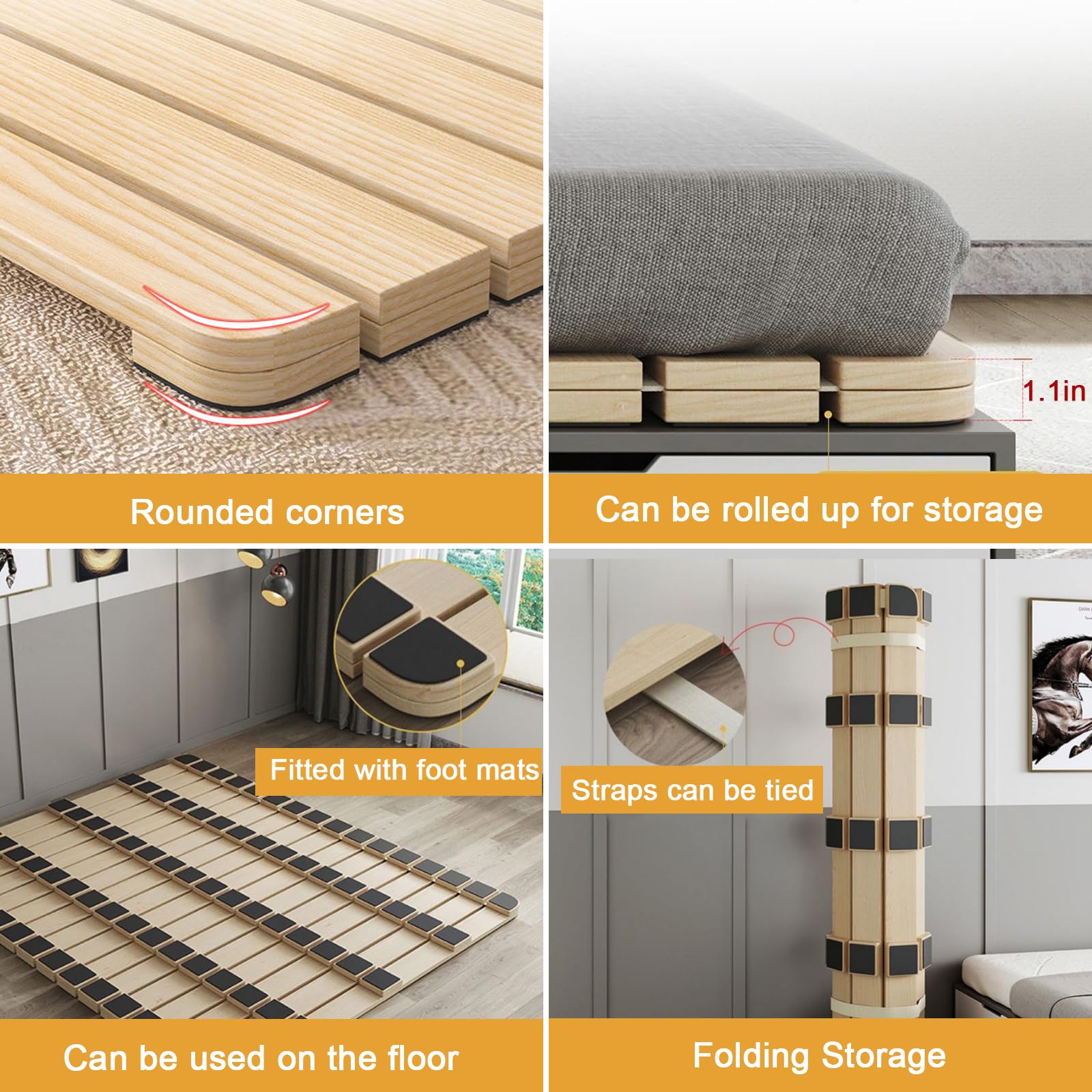 Lit japonais pliable en bois massif Roll-PE à lattes pour chambre à coucher, chambre d'amis, dortoir - Design compact - Kaki (190 x 135,1 cm)