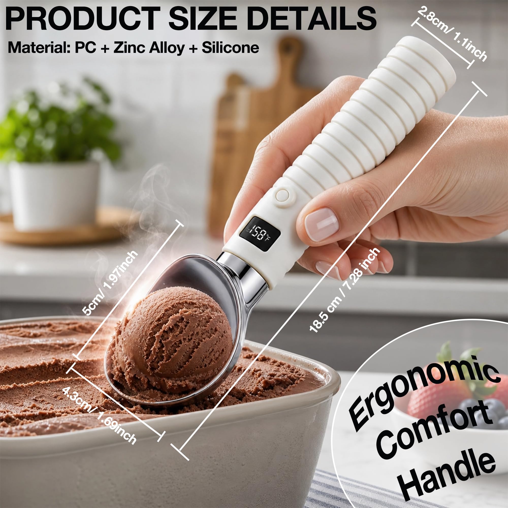 Beheizter Eisportionierer, Eiskugelzange mit 2 Temperaturstufen und LED-Anzeige, IP67 wasserdicht, ergonomische Smart-Touch-Steuerung für Gelato, Sorbet und Frozen Yogurt