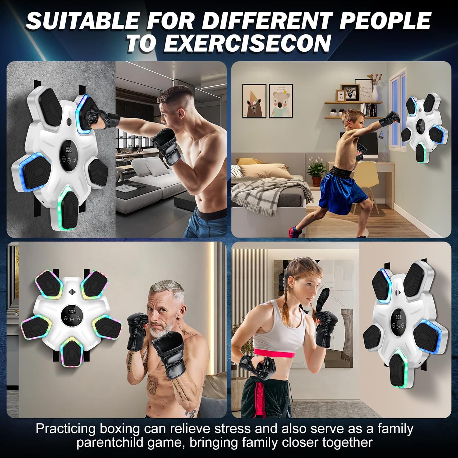 Music Boxe, Punzonatrice da parete con connessione Bluetooth, velocità a 9 livelli e regolazione in 4 modalità, boxe interattiva per bambini e adulti