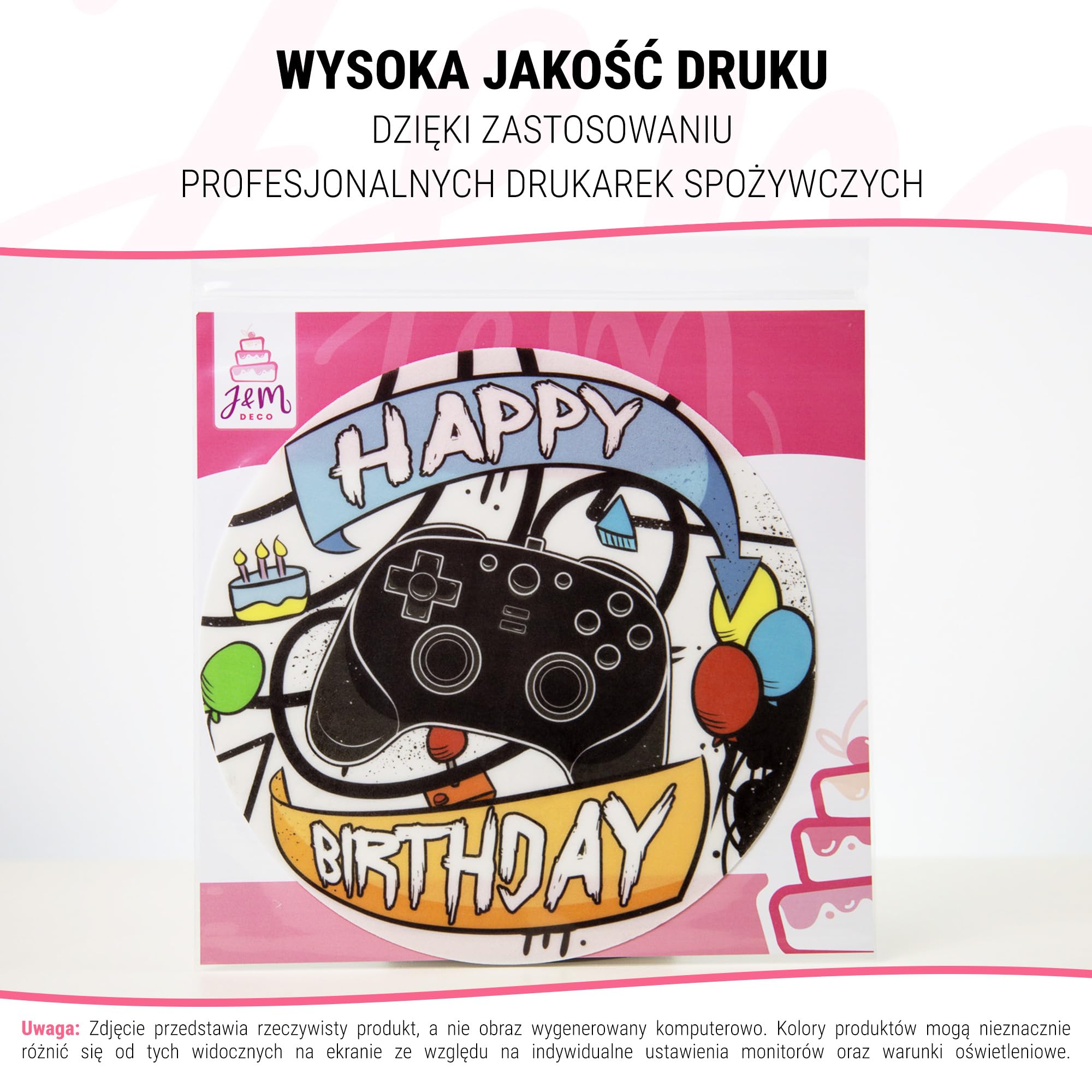 J&M DECO Opłatek na tort Gamer Ø20 cm – jadalna dekoracja urodzinowa dla dzieci – topper gamingowy z papieru opłatkowego 0,6 mm – bezglutenowy i wegański