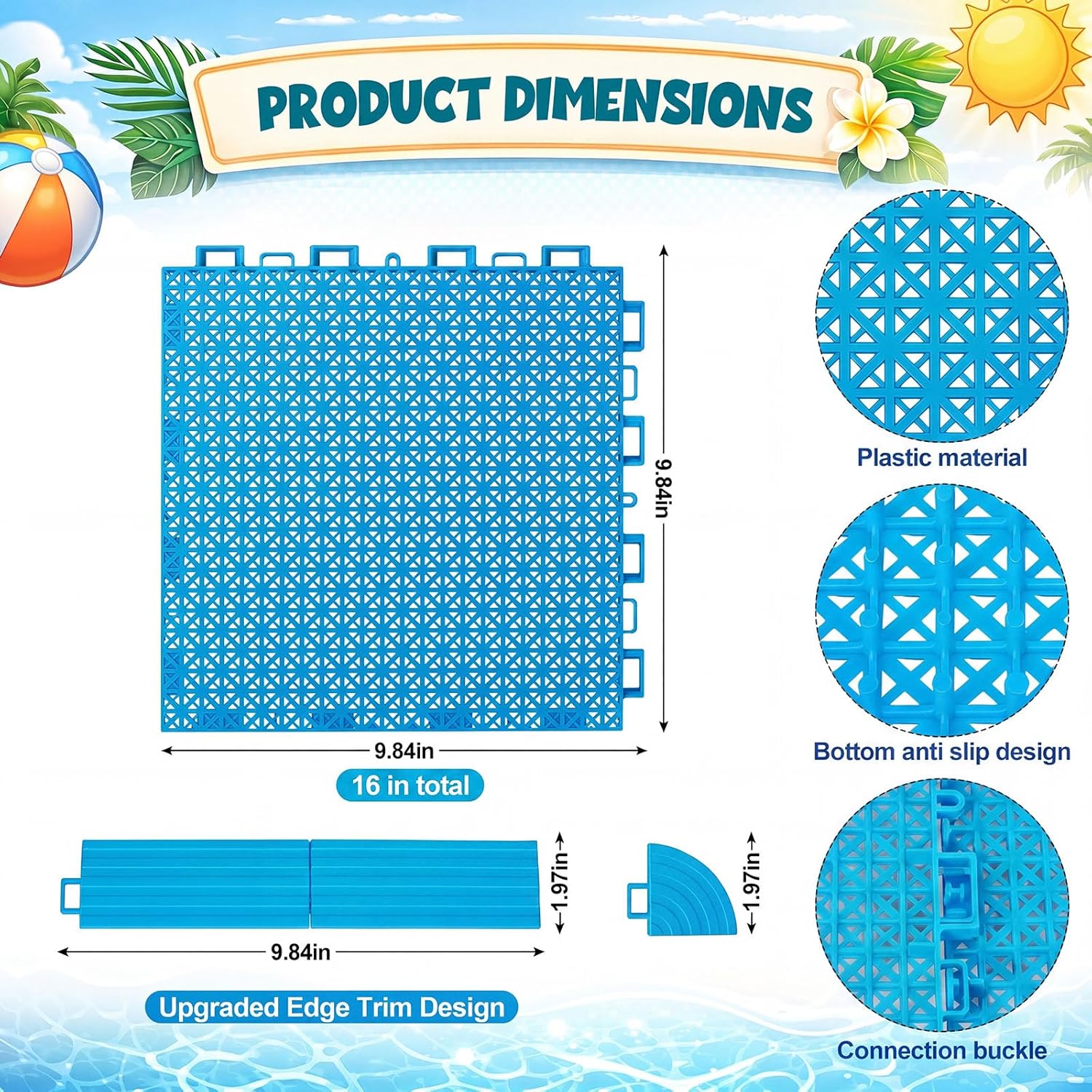Interlocking Pool Deck Tiles 16 PC Modular Non‑Slip Floor Mats with 20 Edge Strips 9.84″ x 9.84″ Outdoor Drainage Floor Mat for Pool, Patio, Garage & Bathroom(Blue)