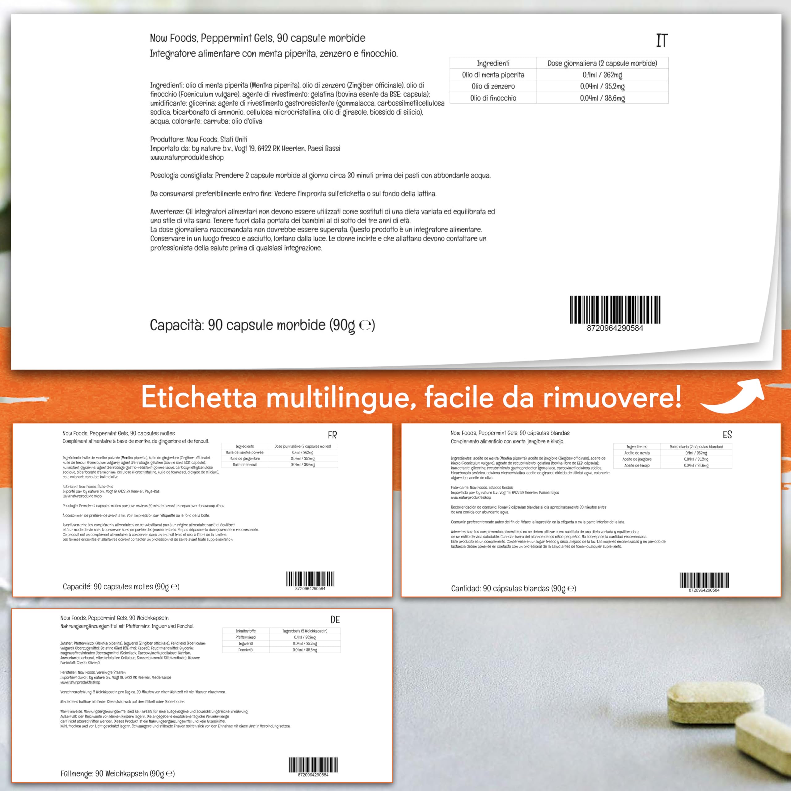 Now Foods, Peppermint Gels, Olio di Menta Piperita, con Zenzero e Finocchio, 90 Capsule molli, Testato in Laboratorio, Senza Glutine