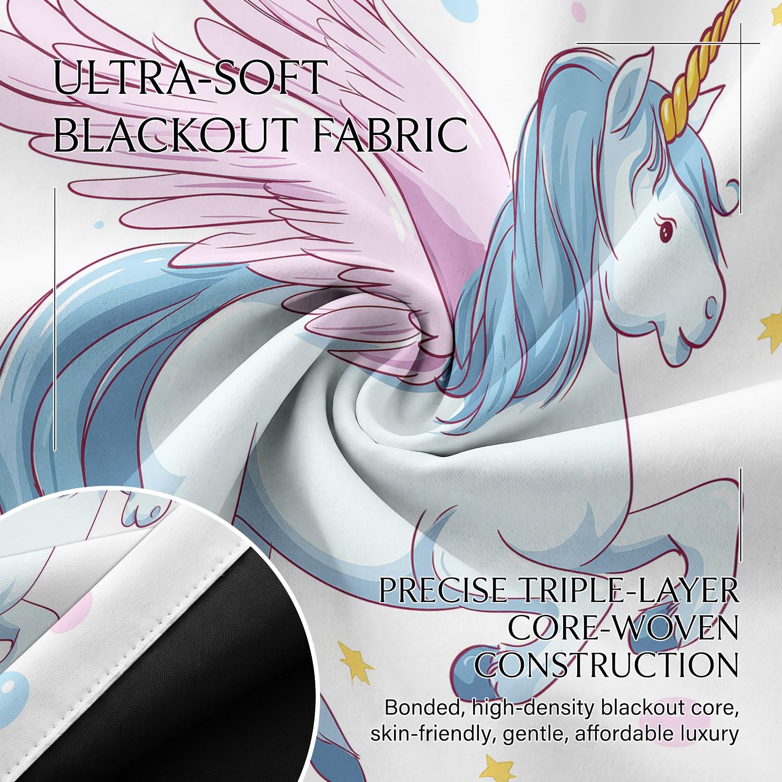 Générique Rideau Licorne Opaque 100% Occultant 2 Panneaux 132Lx240H cm, Isolant Thermiques Anti Froid Chaleur, Rideaux Conte Fées Mignon Chambre Fille Chambre Salon, avec Oeillets