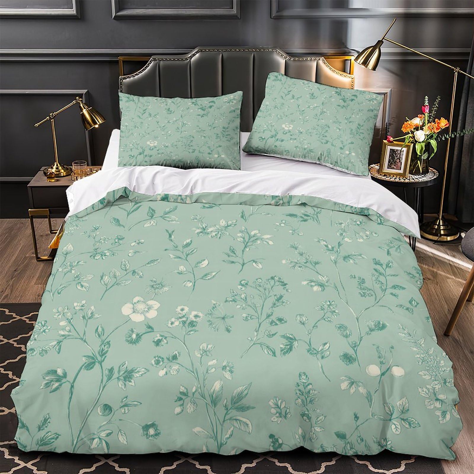 Housse de Couette 200x200cm Motif Floral Vintage en Microfibre
