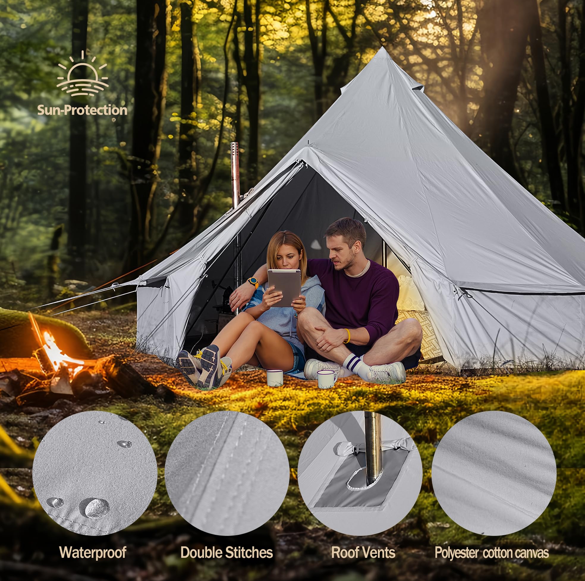 Glamcamp Breathable 100% Cotton Canvas Bell Tent, Waterproof Large Tents With Sturdy Center Door Pole And Space For 4 Person 6 Person 10 Person All 4 Season Camping Yurt Style Tent
