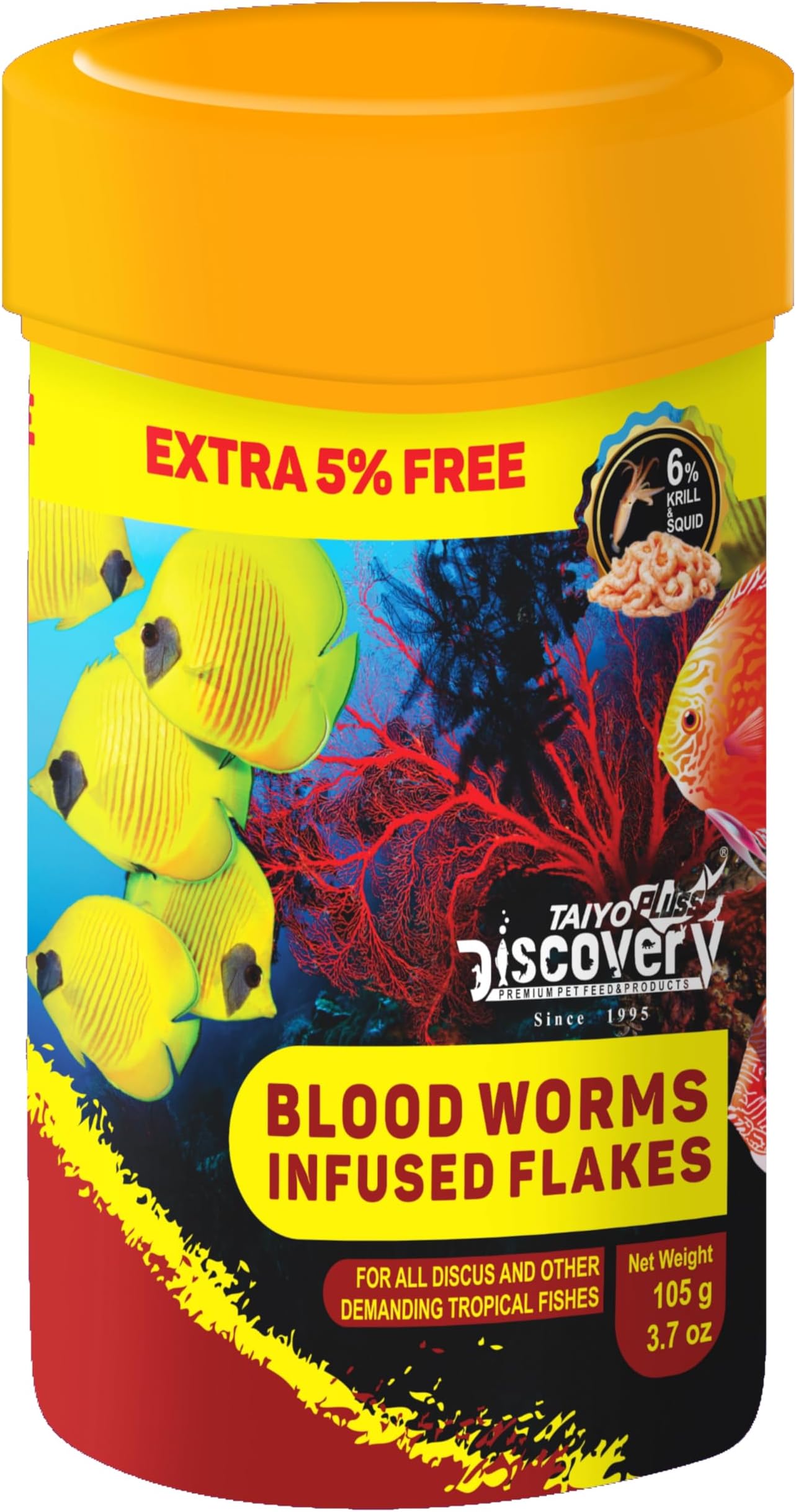 Blood Worms Infused Flakes Fish Food - 105 G (100 G + Extra 5% Free)|Premium Slow Sinking Diet For Fishes With Krill & Squid For Active Growth & Coloration,All Life Stages