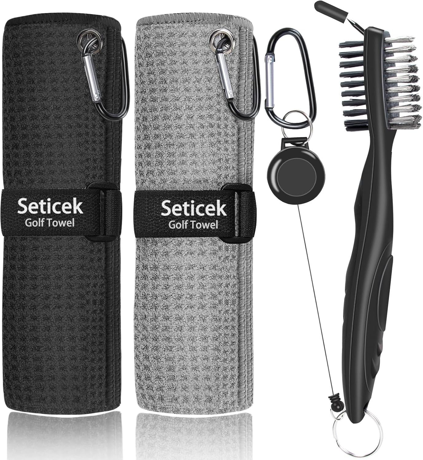 Seticek 2-Pack 16x16" Microfiber Waffle Golf Towels with Retractable Club Brush & Groove Pick - Essential Golf Bag Cleaning Kit (Black/Gray)