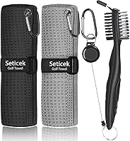 Seticek 2-Pack 16x16" Microfiber Waffle Golf Towels with Retractable Club Brush & Groove Pick - Essential Golf Bag Cleaning Kit (Black/Gray)