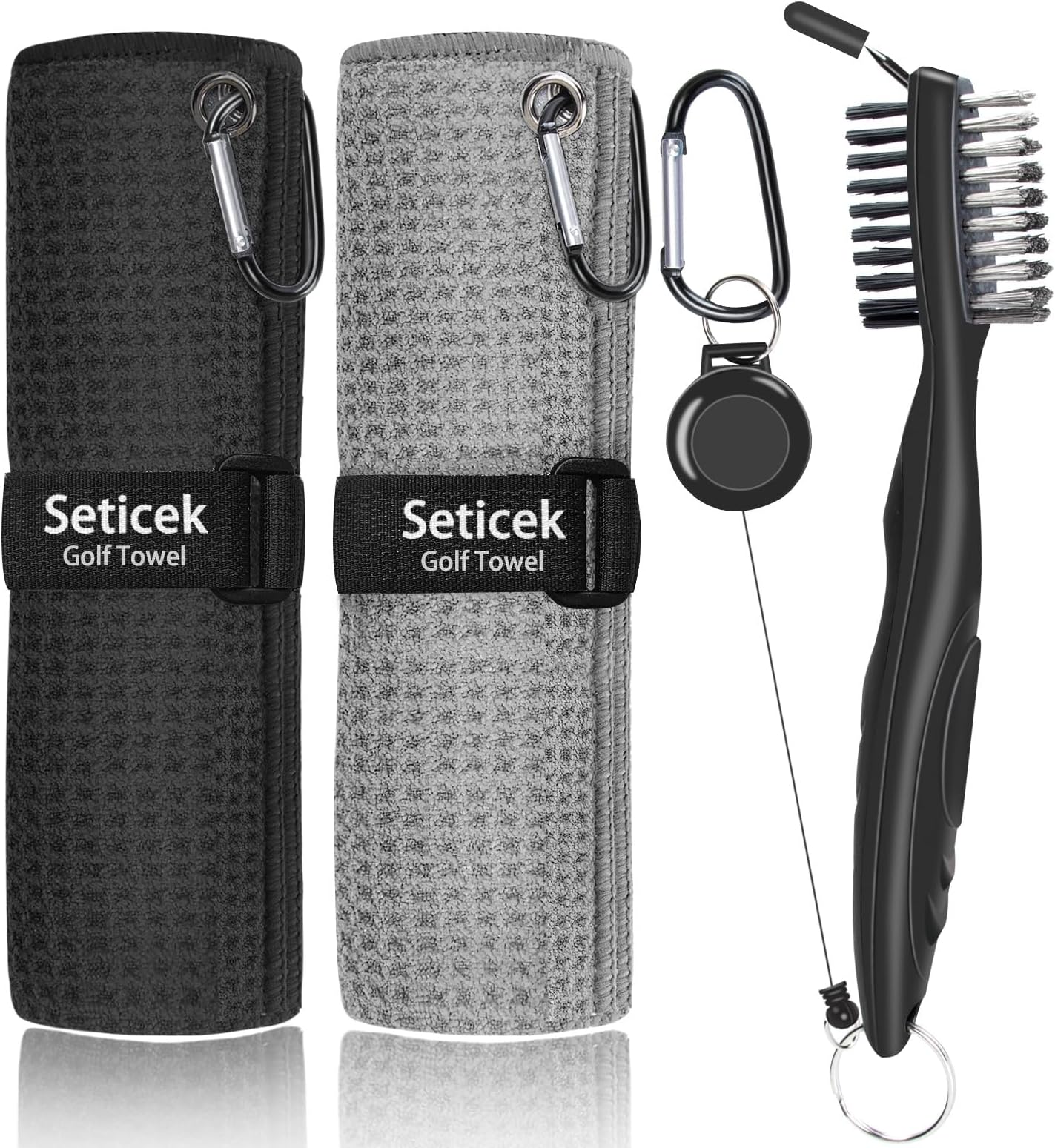 Seticek Golf Towel (16" x 16") with Golf Club Brush Microfiber Waffle Pattern Golf Towel Golf Bag for Men Essential Golf Combo Cleaning Kit with Spray Bottle (Black + Gray), Pack of 2
