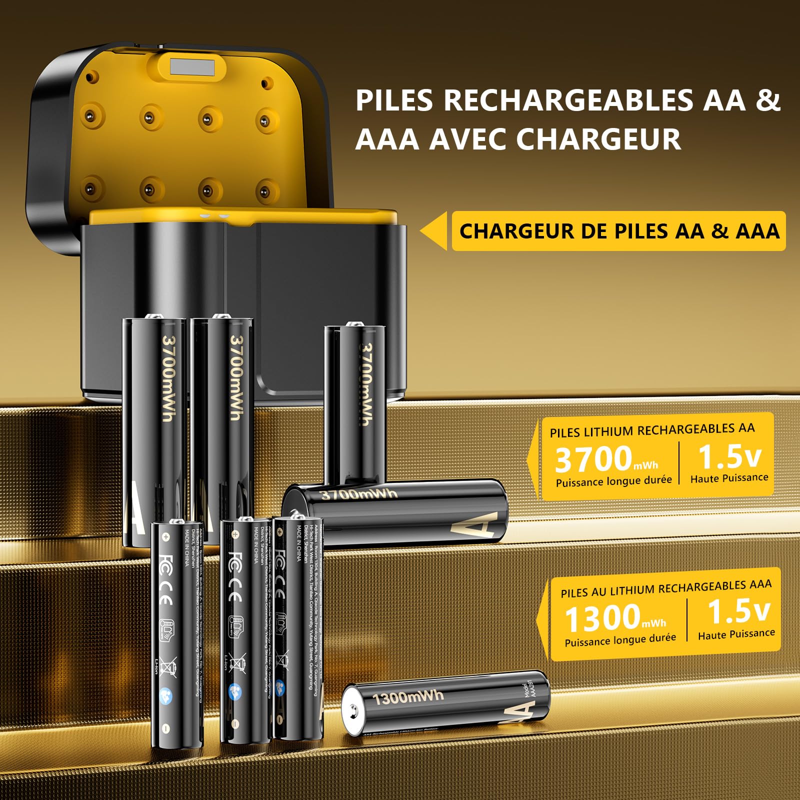 Piles au Lithium Rechargeables avec Chargeur (4 piles AA + 4 piles AAA), Organisateur de batterie, 3700 mWh Haute Capacité - 2500 Cycles Longue Durée - Chargeur Rapide Inclus
