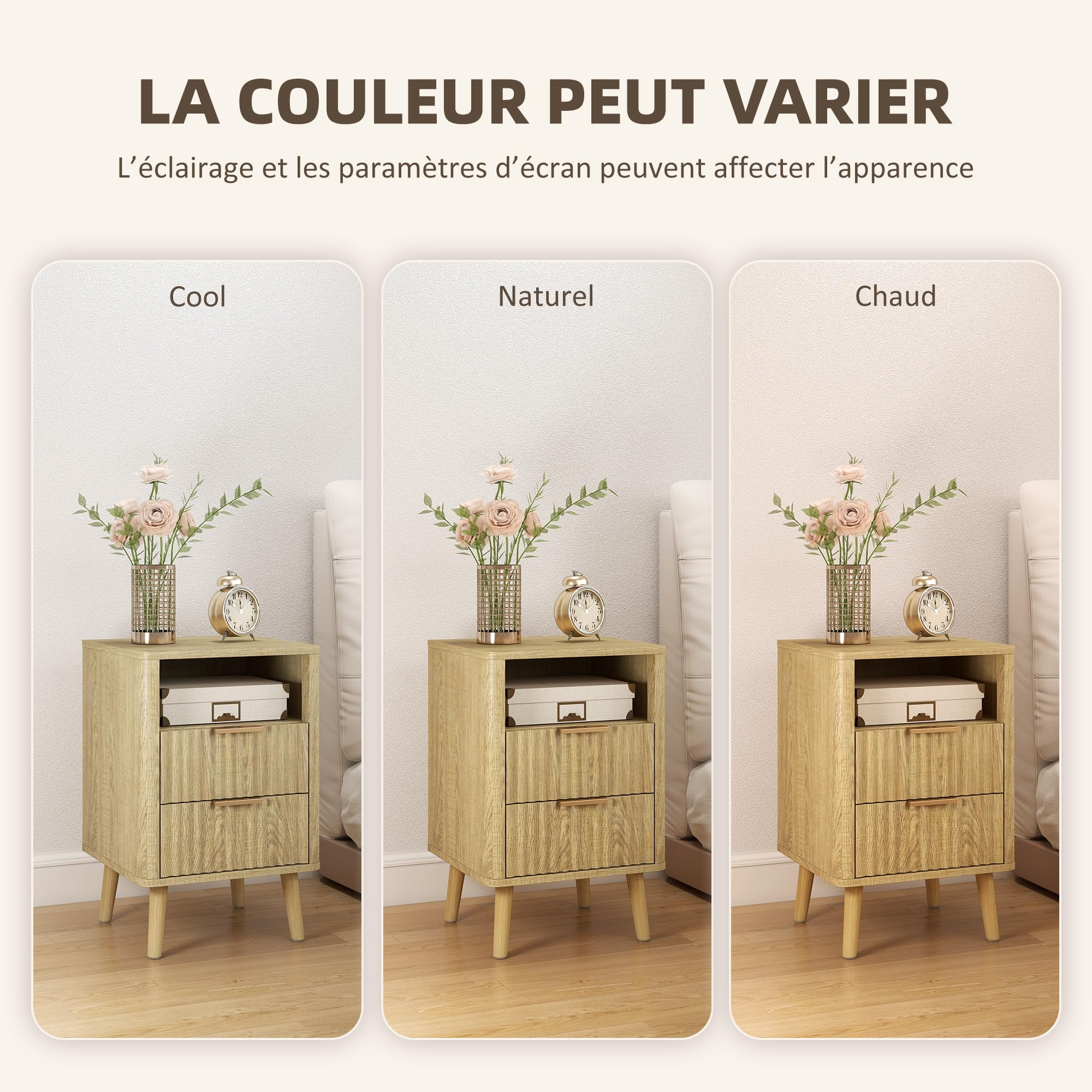 HOMCOM – Juego de 2 mesitas de noche, mesitas de noche con 2 cajones y compartimento abierto, esquinas redondeadas, texturizadas en olas, patas de madera maciza, estilo moderno, para dormitorio, sala