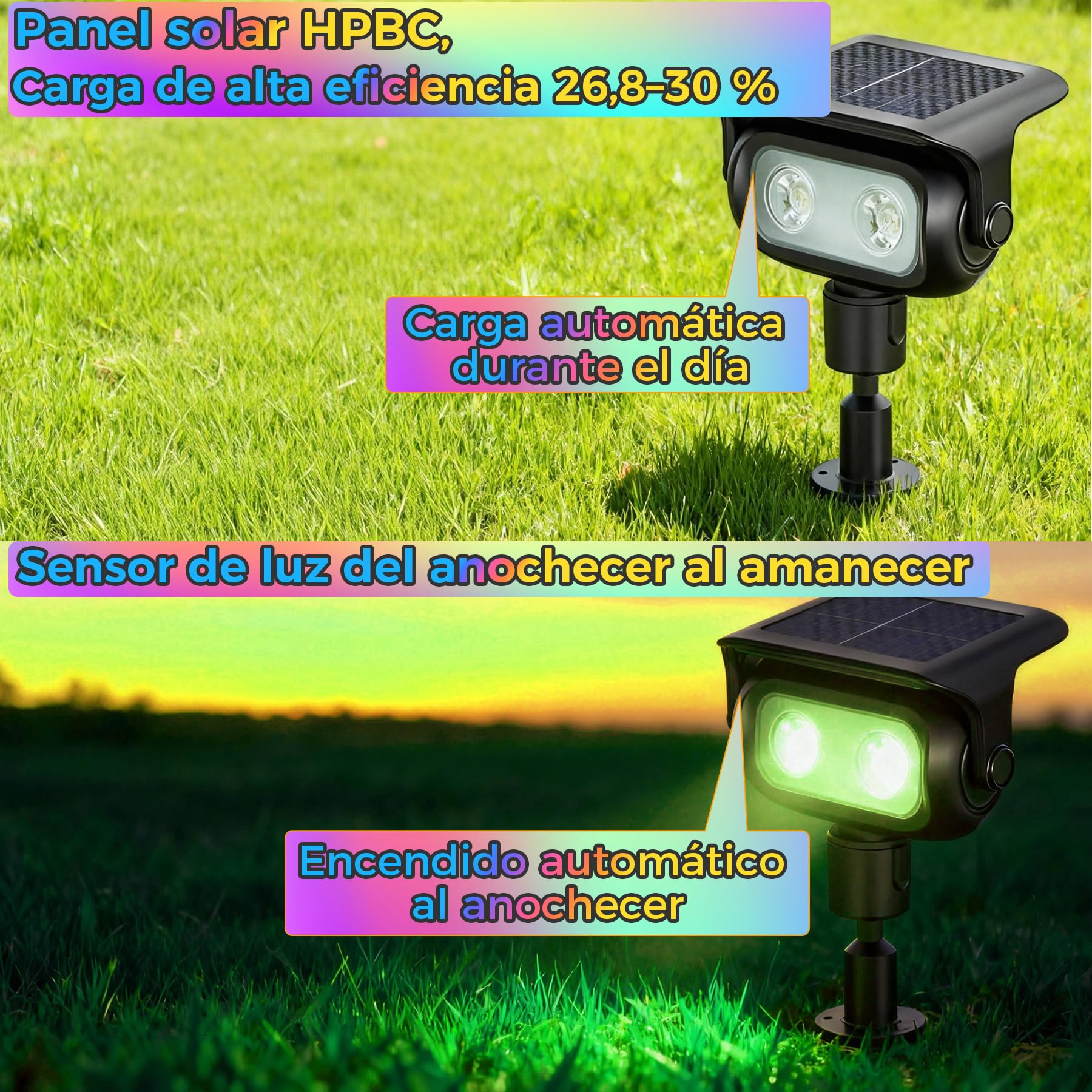 Luces Solares LED Exterior con Estaca, RGB 5 Modos de Cambio de Color, Sensor Crepuscular, IP65 Impermeables, Lámparas Solares para Jardín, Césped y Caminos(4 Piezas)