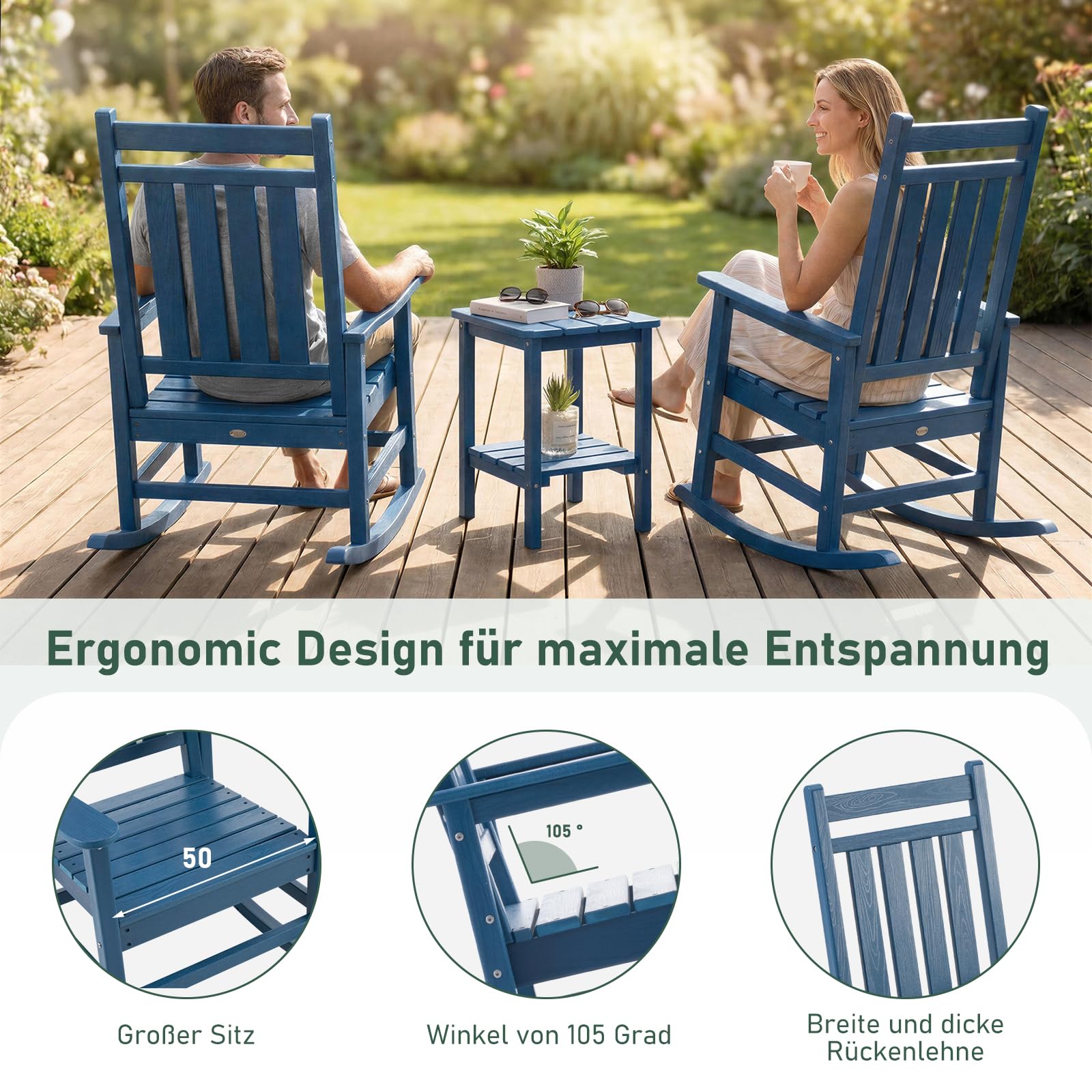 Schaukelstuhl Gartenstuhl für den Außenbereich, HDPE Schaukelstuhl für Erwachsene mit hoher Rückenlehne, Wetterfest, für Terrasse, Garten, Rasen, Veranda, Blau